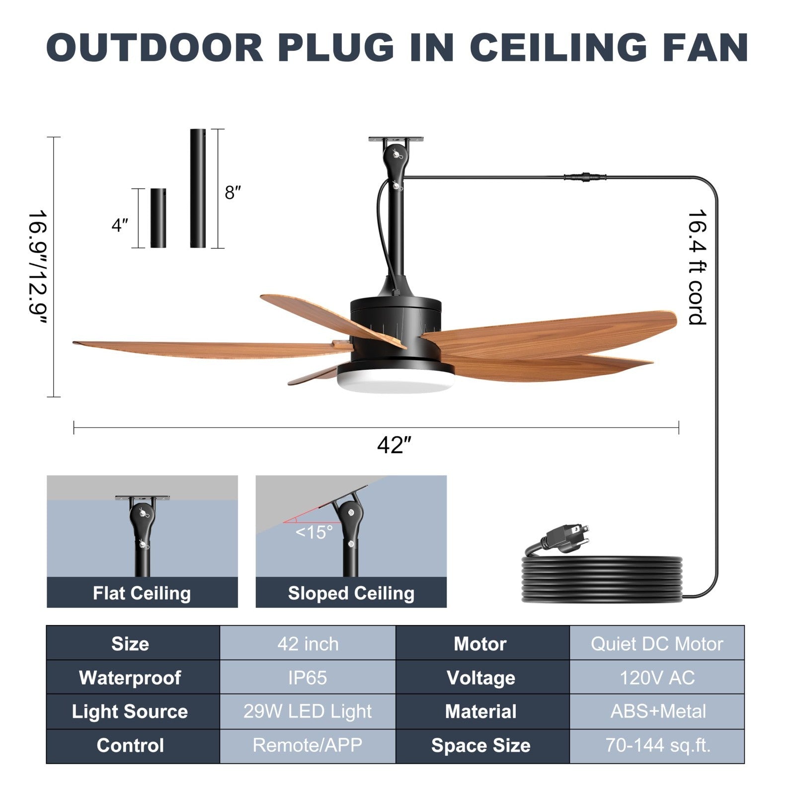 42" Waterproof Outdoor Ceiling Fan with Lights, Remote Control, Quiet DC Motor,5