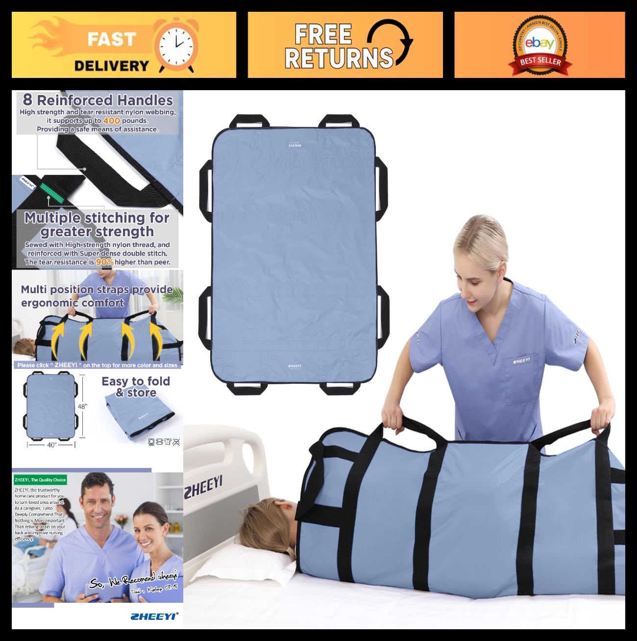 Multipurpose 48"x40" Bed Pad with Handles   Washable Transfer Sheet for Lifting0
