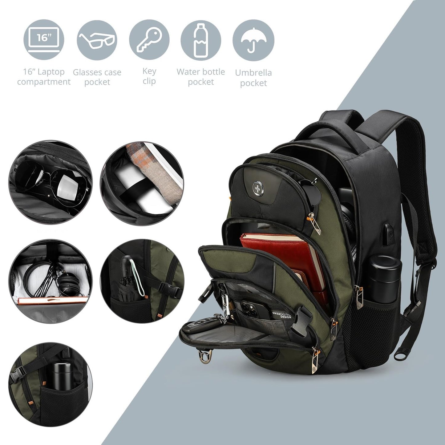 Travel Laptop Backpack with USB Charging Port, Fits 15.6" Computer, 31L College5