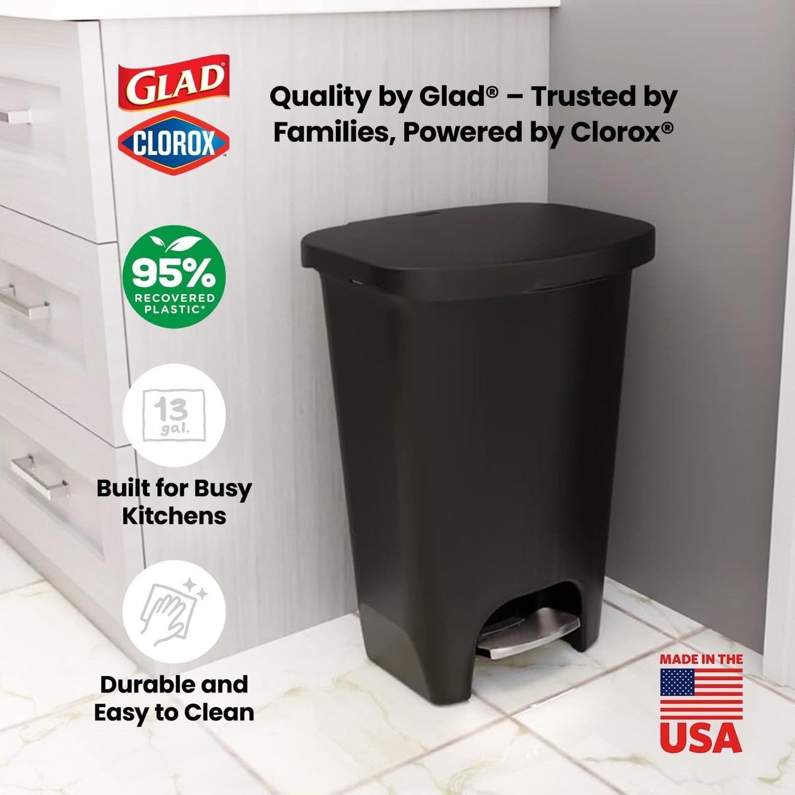 Premium 13 Gallon Trash Can with Clorox Odor Control, Hands-Free Pedal, Black5