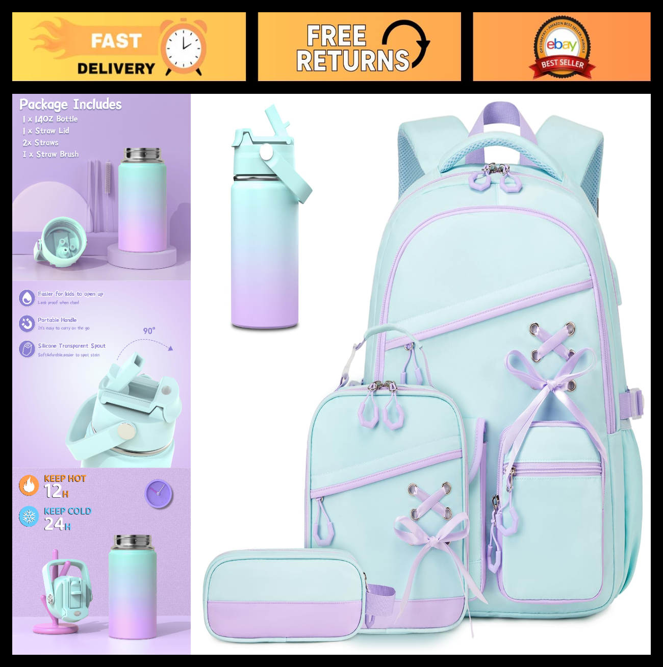 Girls School Backpack Set   6PCS with Insulated Water Bottle, Lunch Bag & Pencil0
