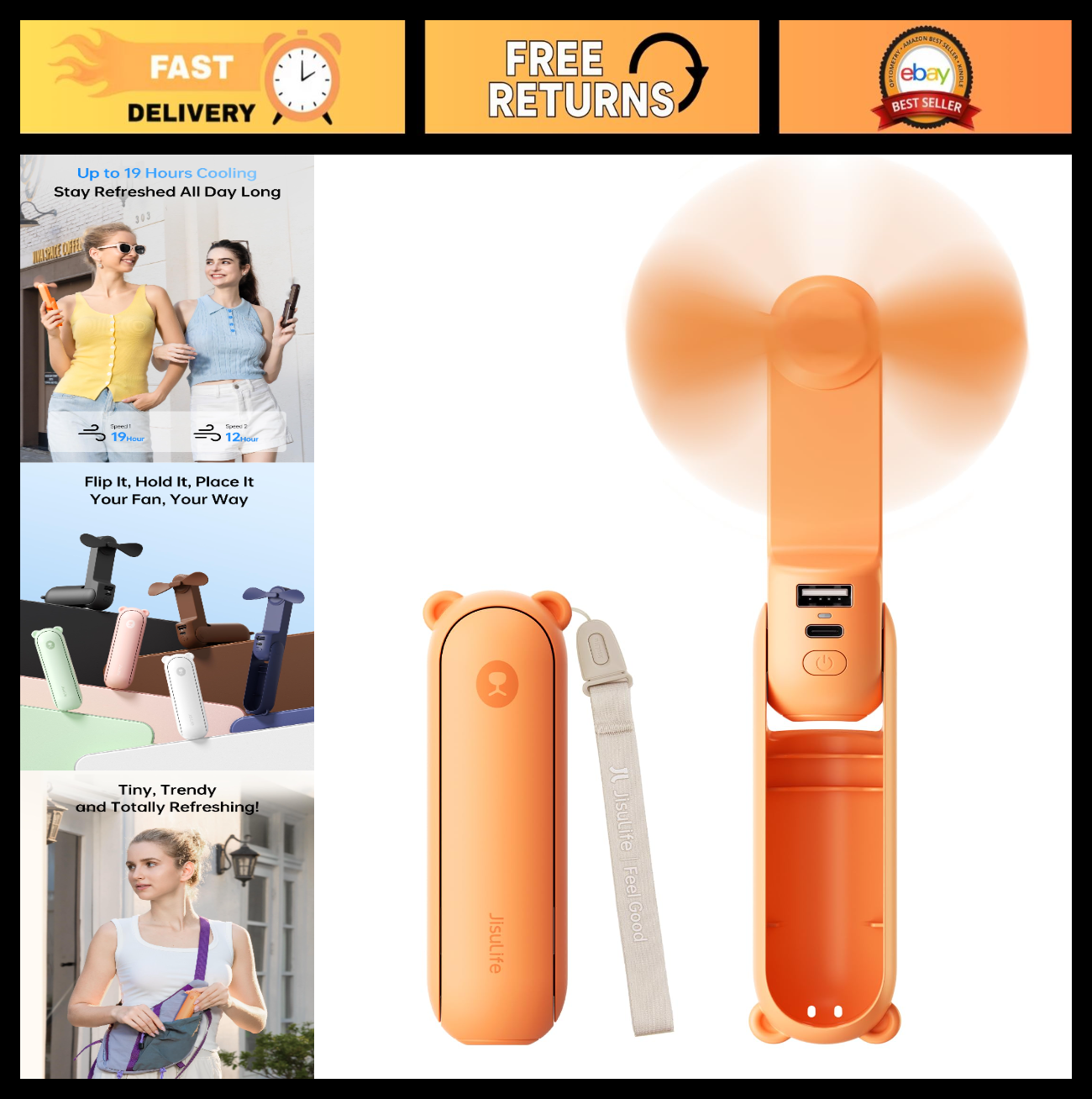 3 in 1 Portable Fan with Power Bank & Flashlight | USB Rechargeable, 19H Cooling0