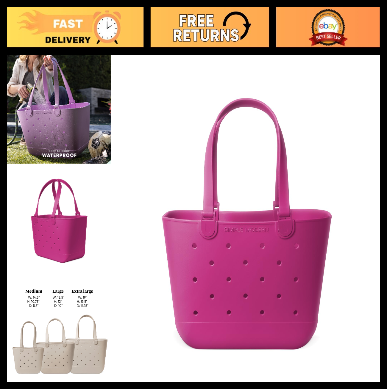 Large Waterproof Rubber Beach Tote Bag - Purple Getaway Bag with Zipper Pocket,0