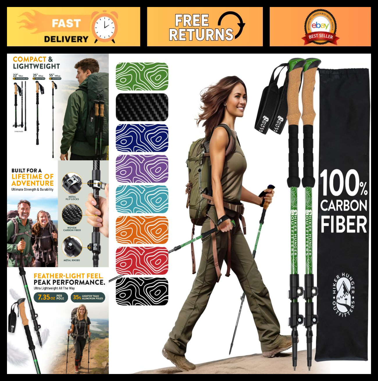 Lightweight Carbon Fiber Trekking Poles   Collapsible Hiking Sticks with Cork Gr0