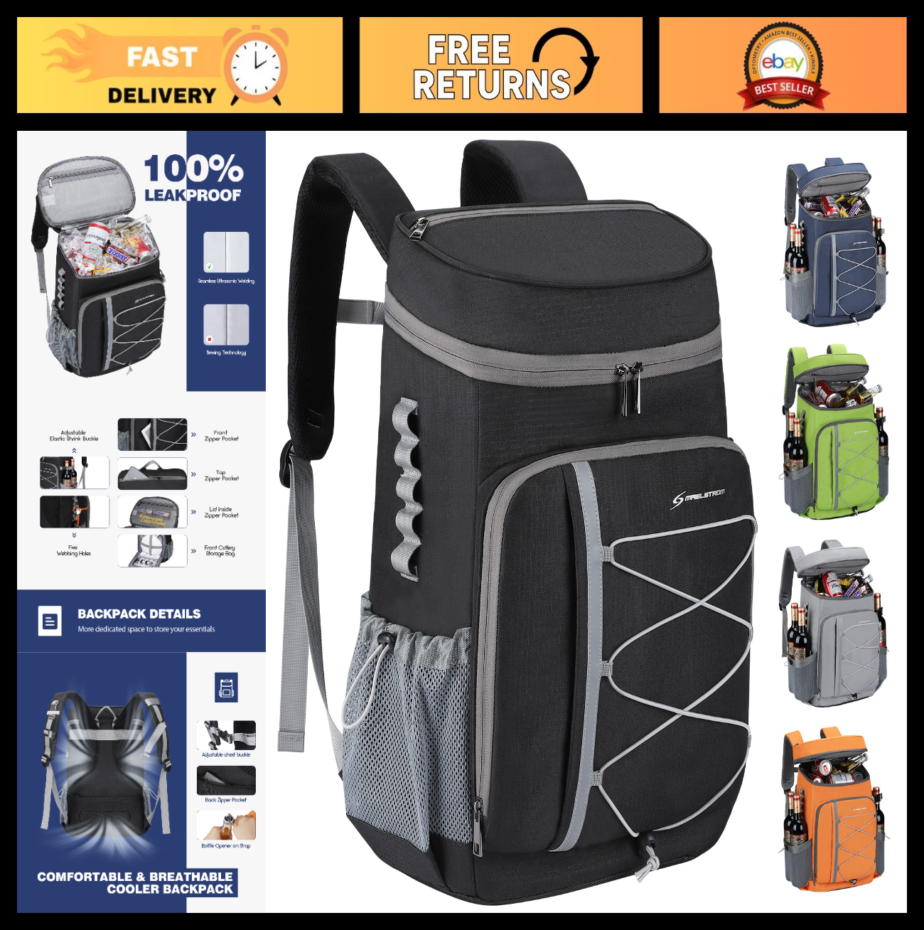 Insulated Soft Cooler Backpack - 35/50 Can Capacity for Camping, Hiking, Beach &0