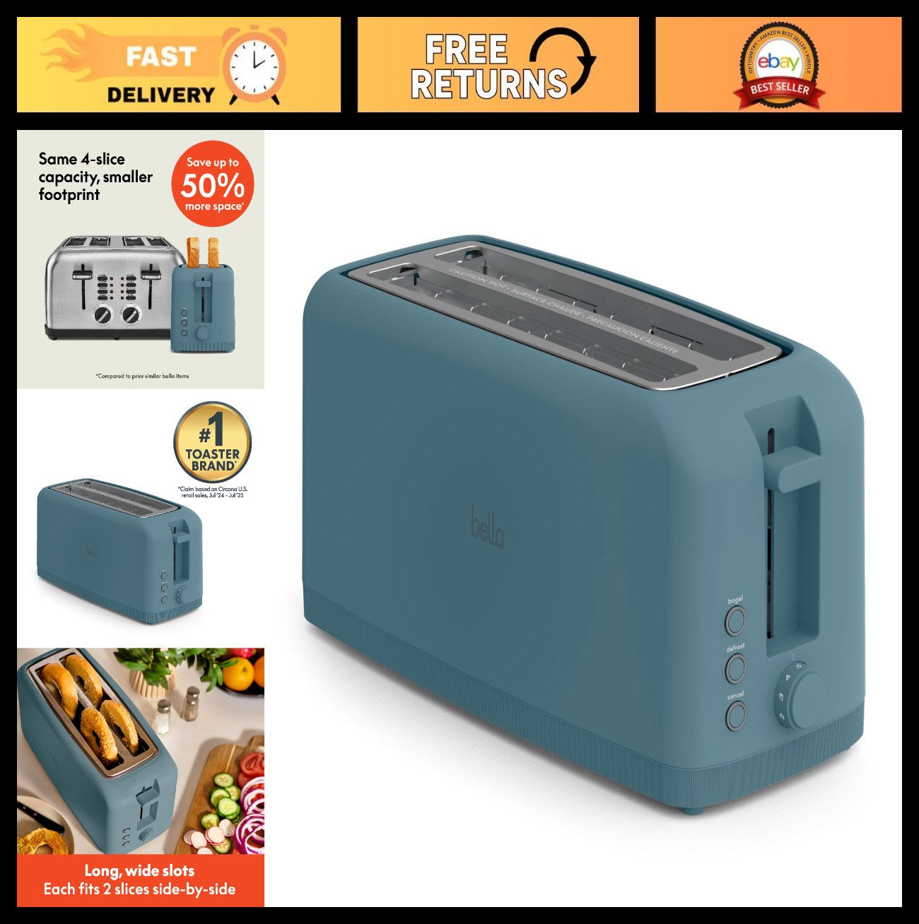Slim 4 Slice Toaster, Extra Long & Wide Slots, Compact Design, Kitchen Essential0