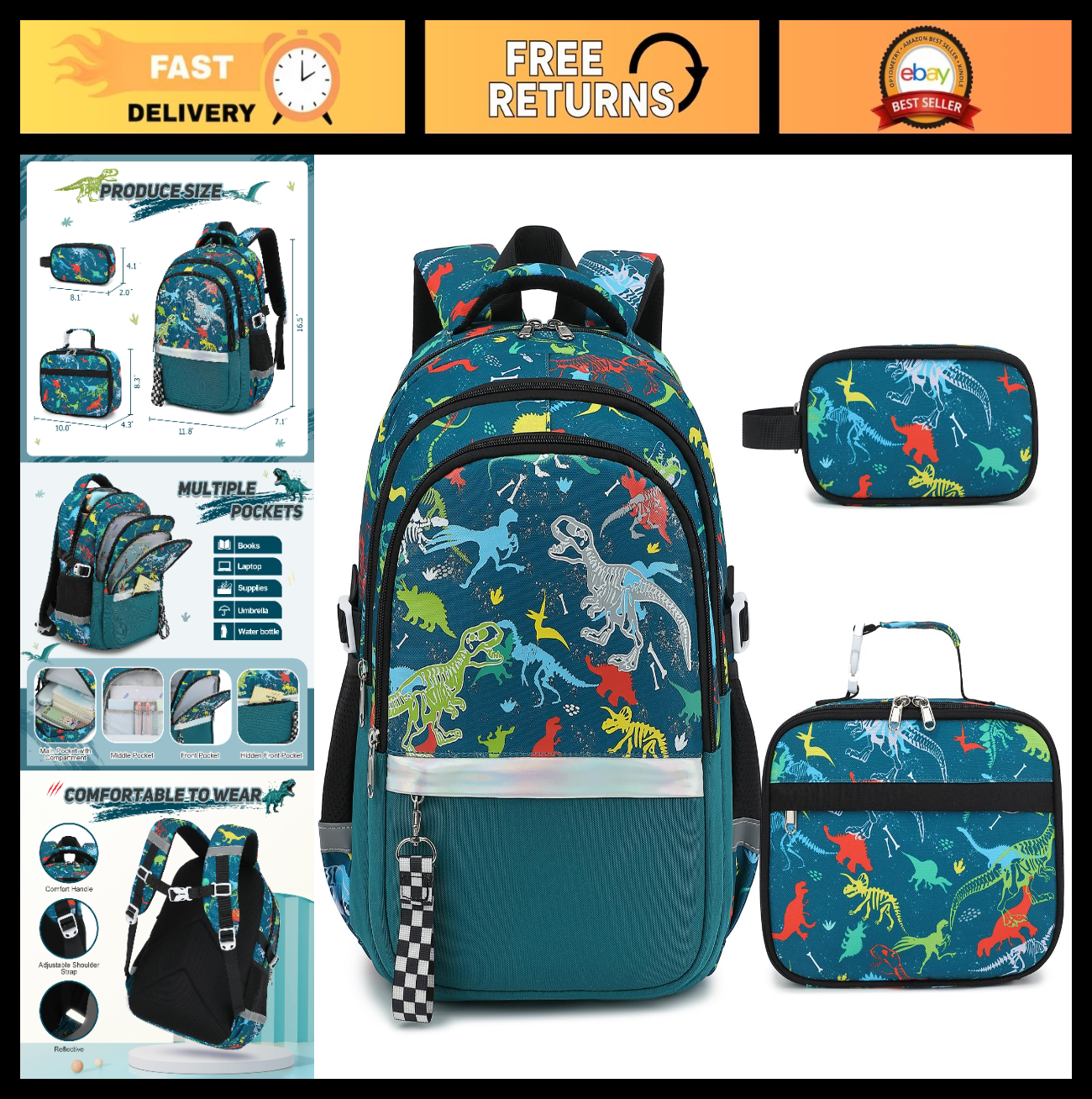 Luminous Boys Backpack Set   3PCS with Lunch Box & Pencil Case   School Gear0
