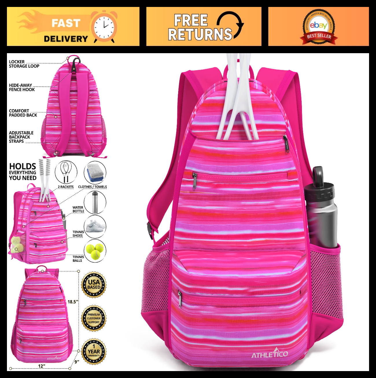 City Tennis Bag with Multiple Pockets, Durable Material, Adjustable Straps0