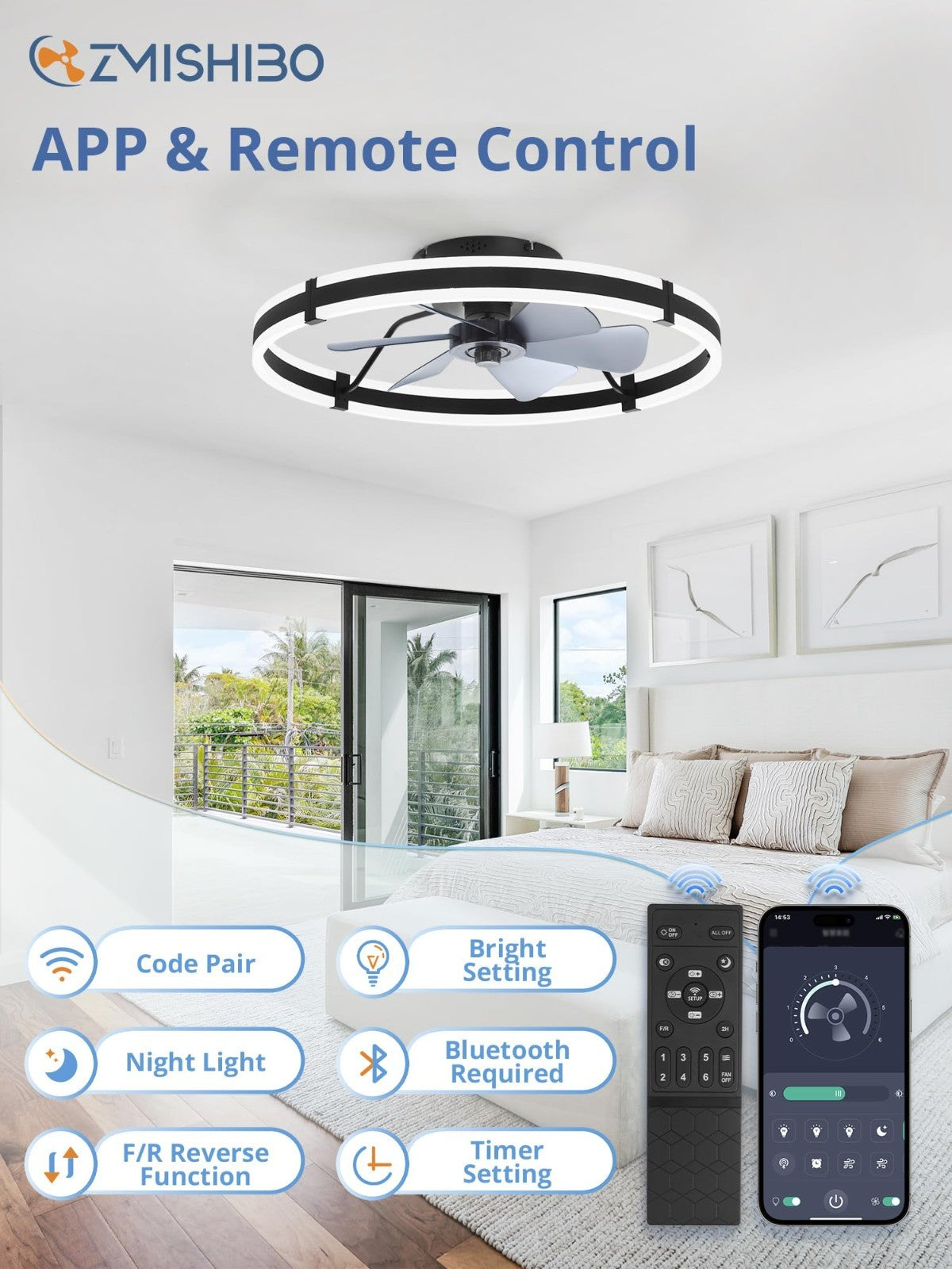 24" Modern Ceiling Fan with Lights & Remote, Dimmable LED, 6 Speeds, Flush Mount4