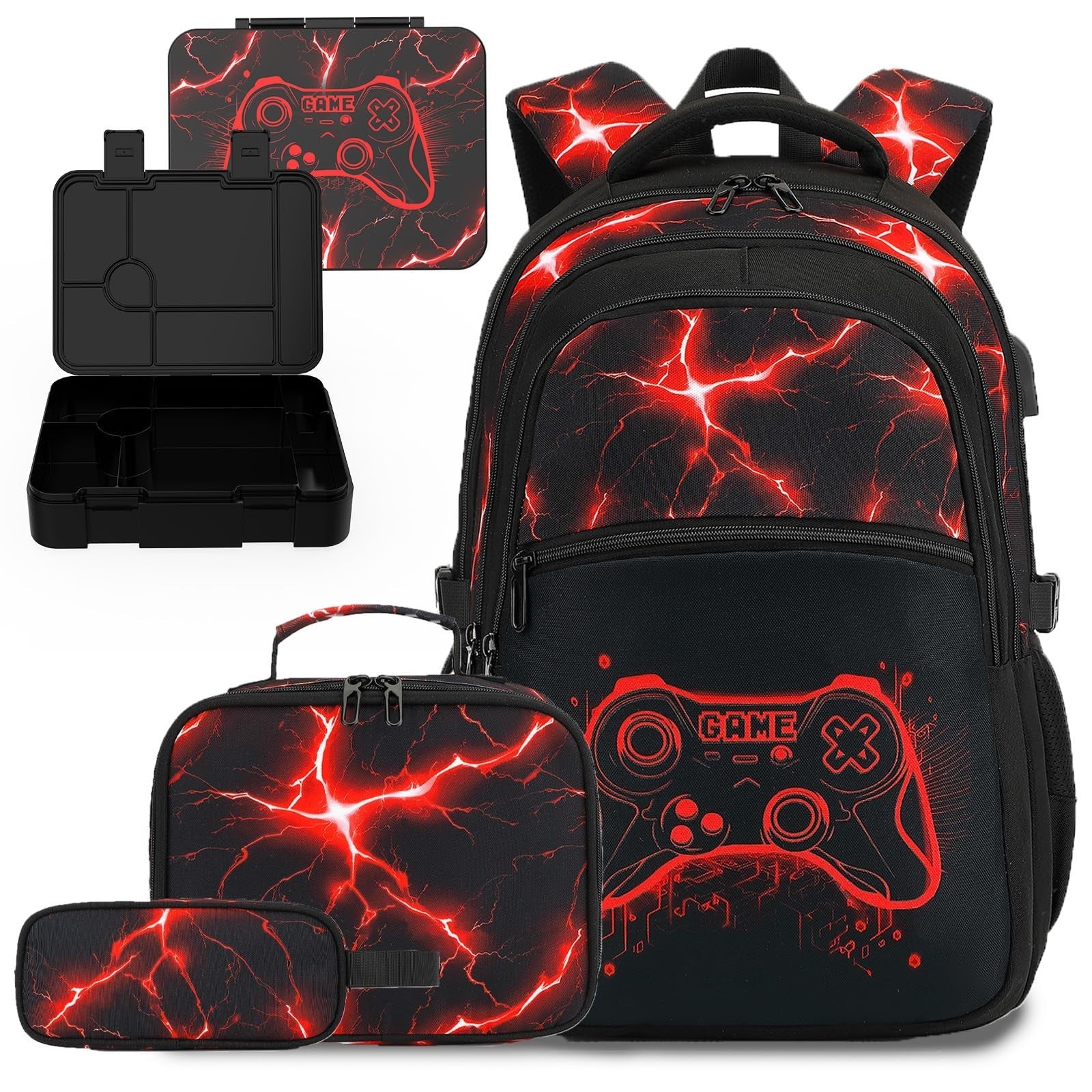 Cool Luminous Gamer Backpack Set for Boys   6PCS with Lunch Bag & Pencil Case, S0