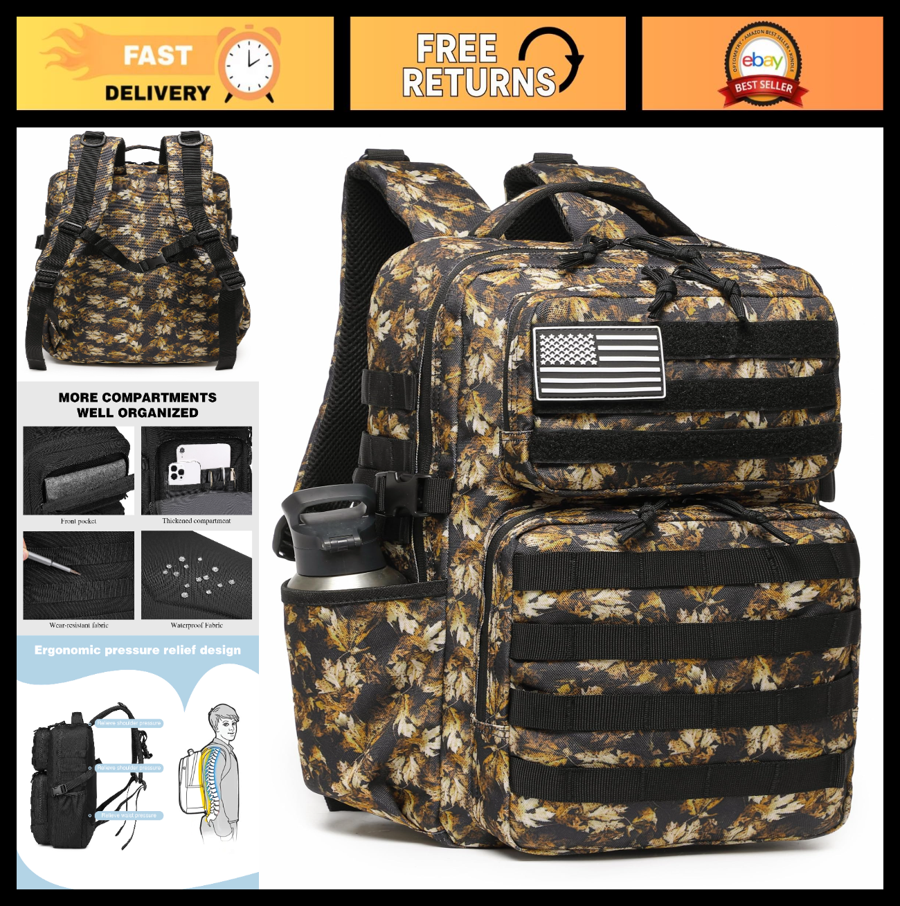 Waterproof Military Tactical Backpack   3 Day Assault Pack, Molle Daypack with W0