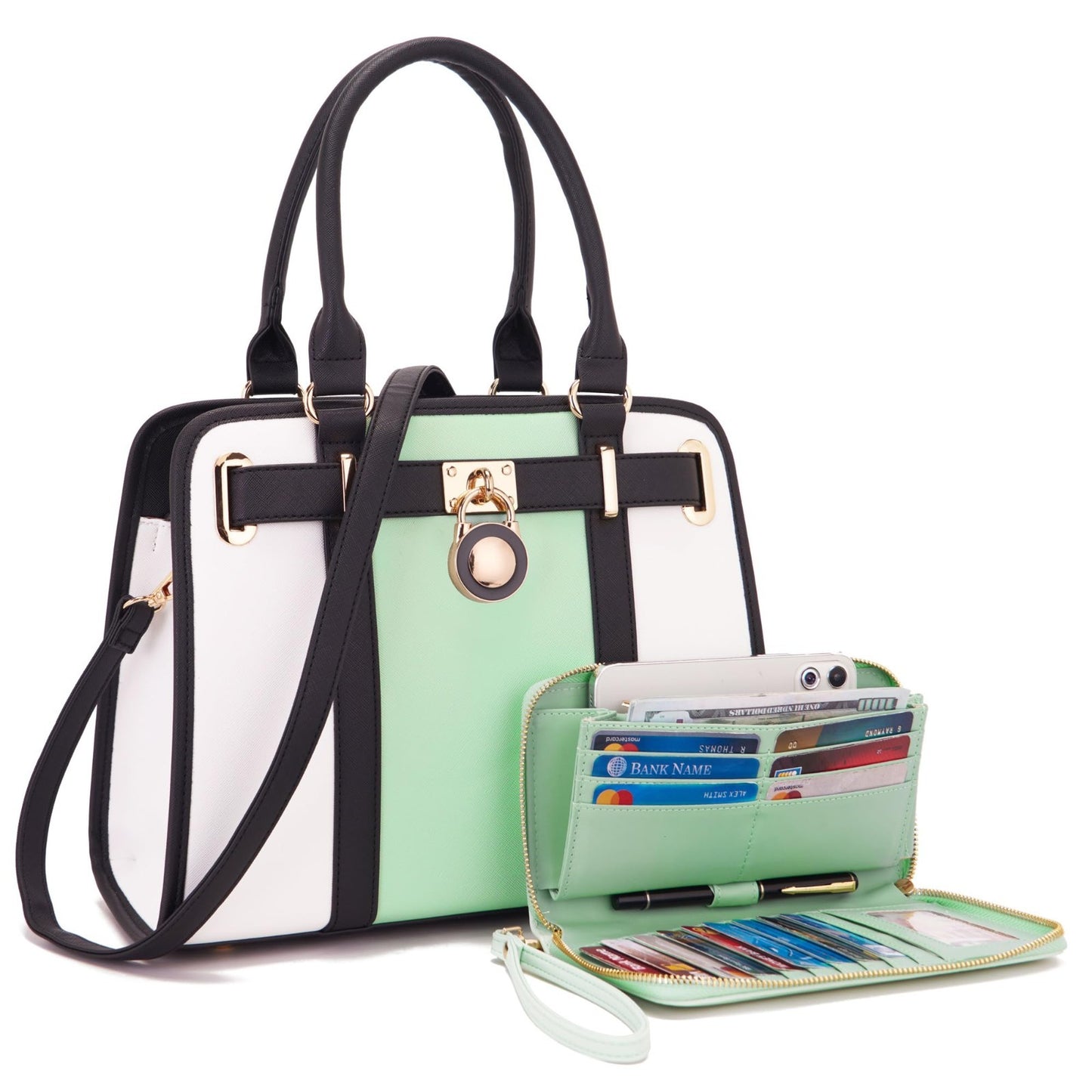Stylish Women's Structured Satchel Tote Handbag Set with RFID Wallet - Fashion P1