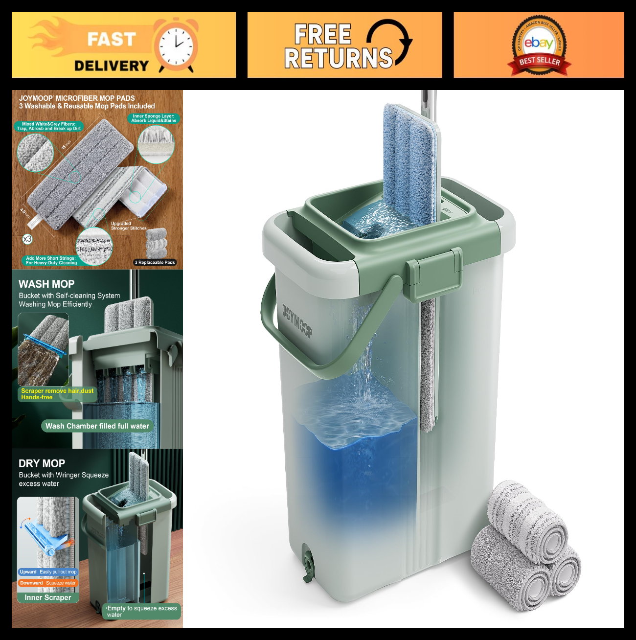 Flat Mop System with Bucket Set, Microfiber Mop for Home & Commercial Use, 3 Pad0
