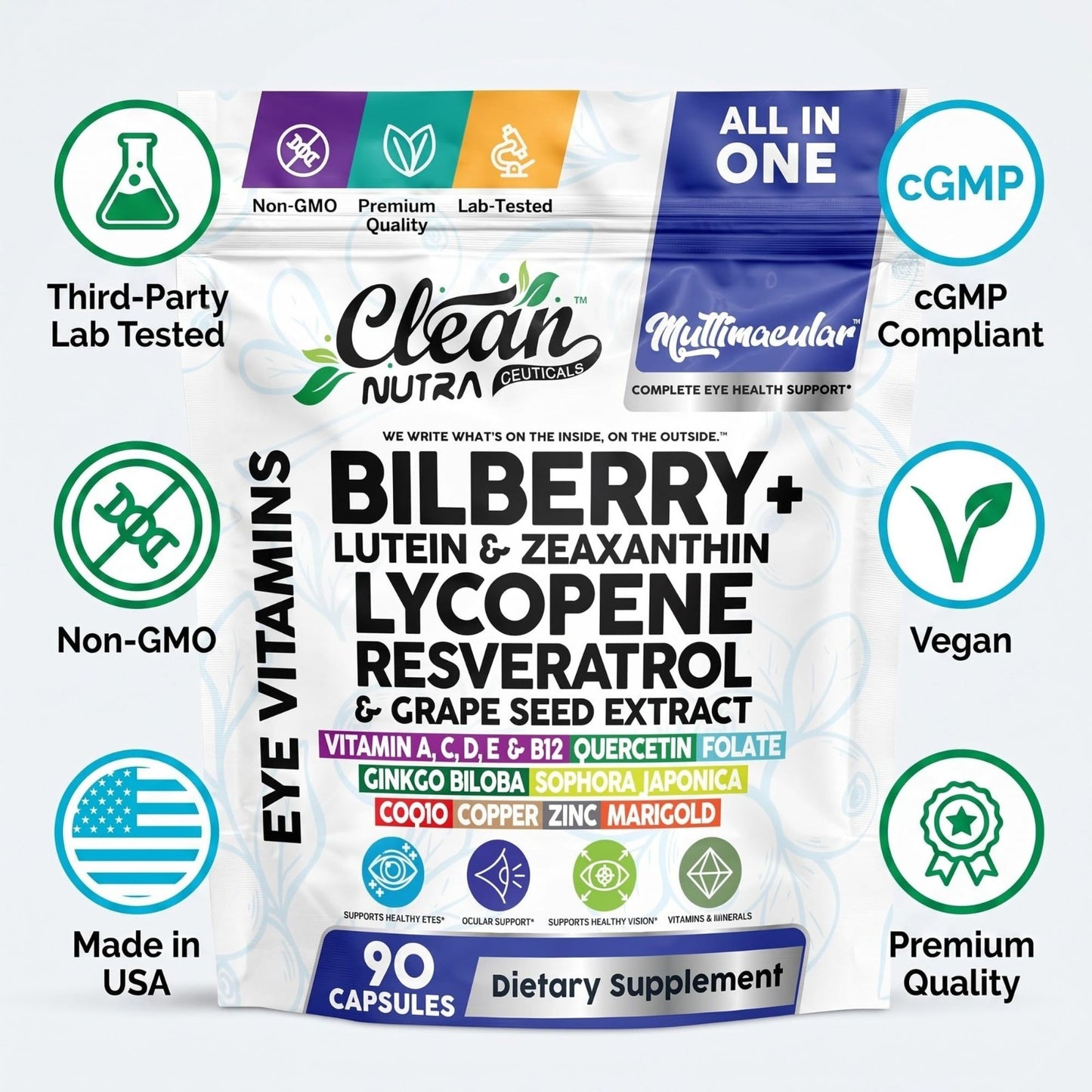 Multivitamin with Bilberry, Lutein, Zeaxanthin, Lycopene & Resveratrol - 90 Caps7