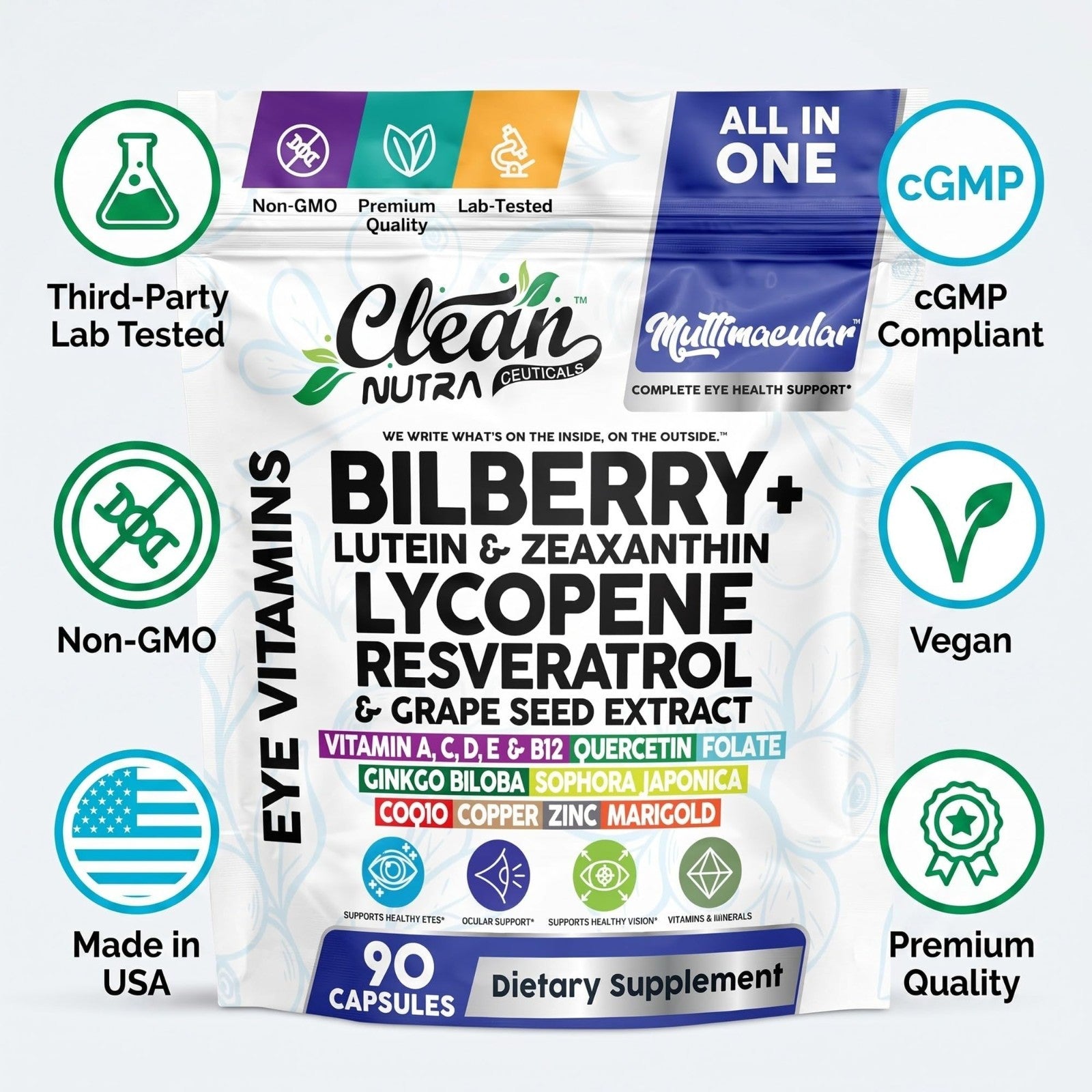 Multivitamin with Bilberry, Lutein, Zeaxanthin, Lycopene & Resveratrol - 90 Caps7