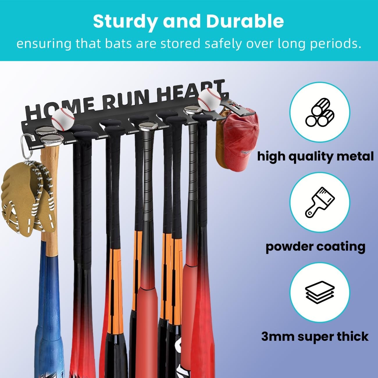 Heavy Duty Metal Baseball Bat Storage Rack Wall Mount   Holds 14 Bats, Sports Or4