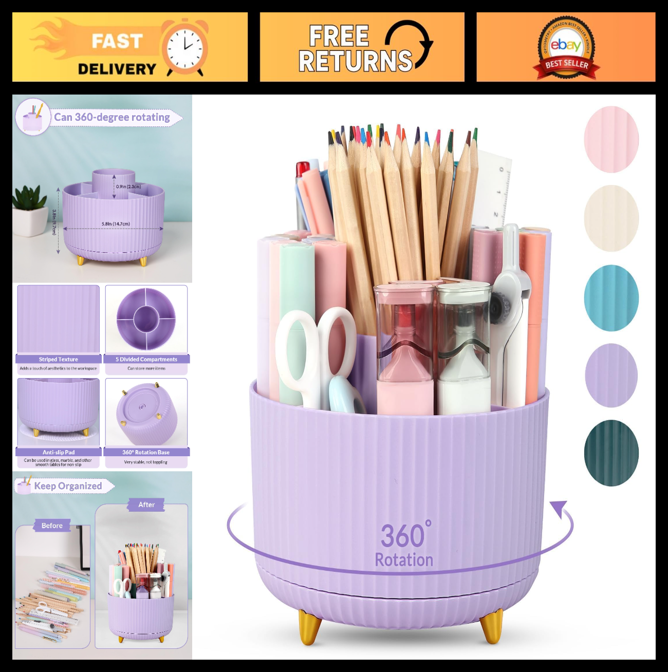 360° Rotating Purple Pen & Art Supply Organizer   5 Slot Desk Storage for Office0