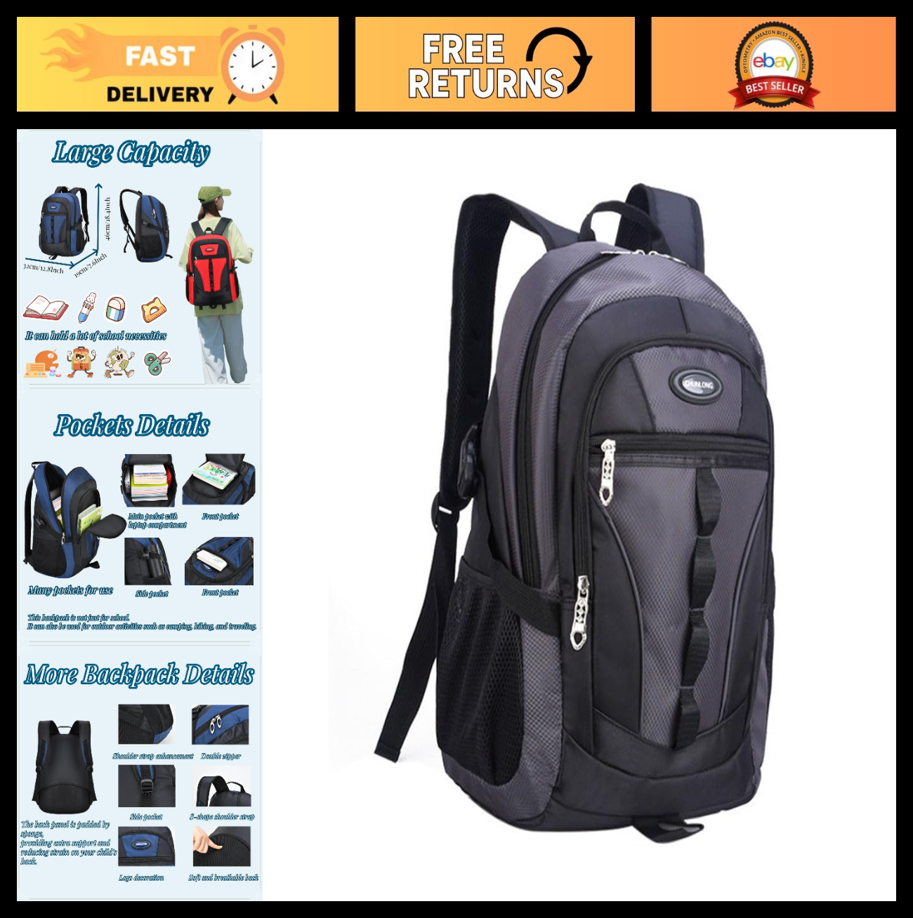 Color Blocking Sports Backpack for Boys, School Bookbag for Teens & Kids, Grey0
