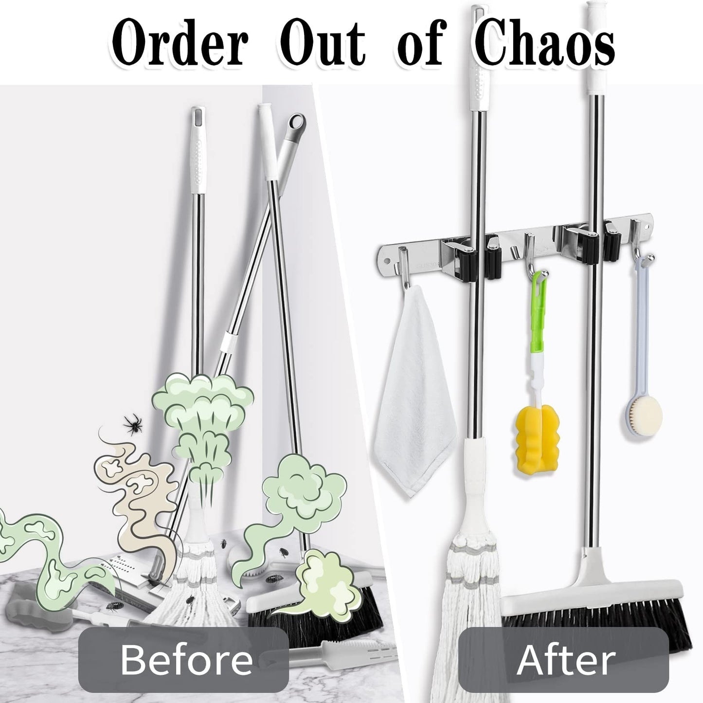 Heavy Duty Wall Mount Broom Holder - 2 Racks & 3 Hooks Mop Organizer Storage4