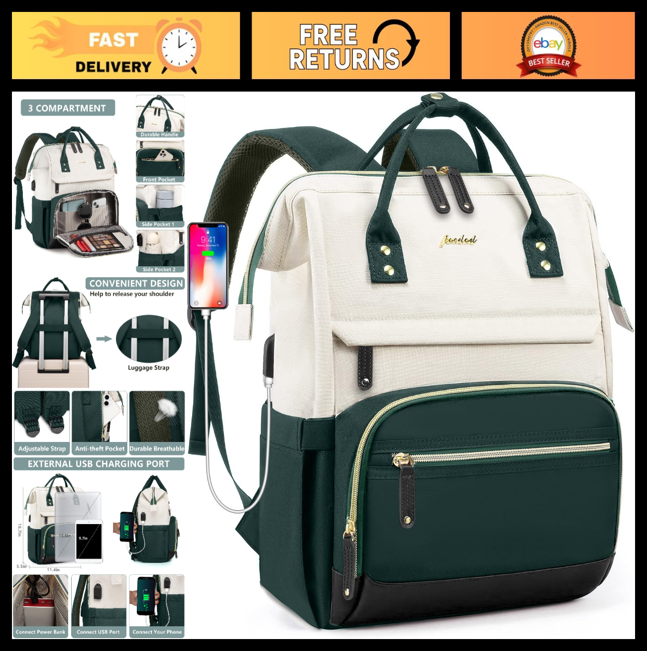15.6" Laptop Backpack for Women   USB Charging, Large Travel Work Bag, Casual Da0