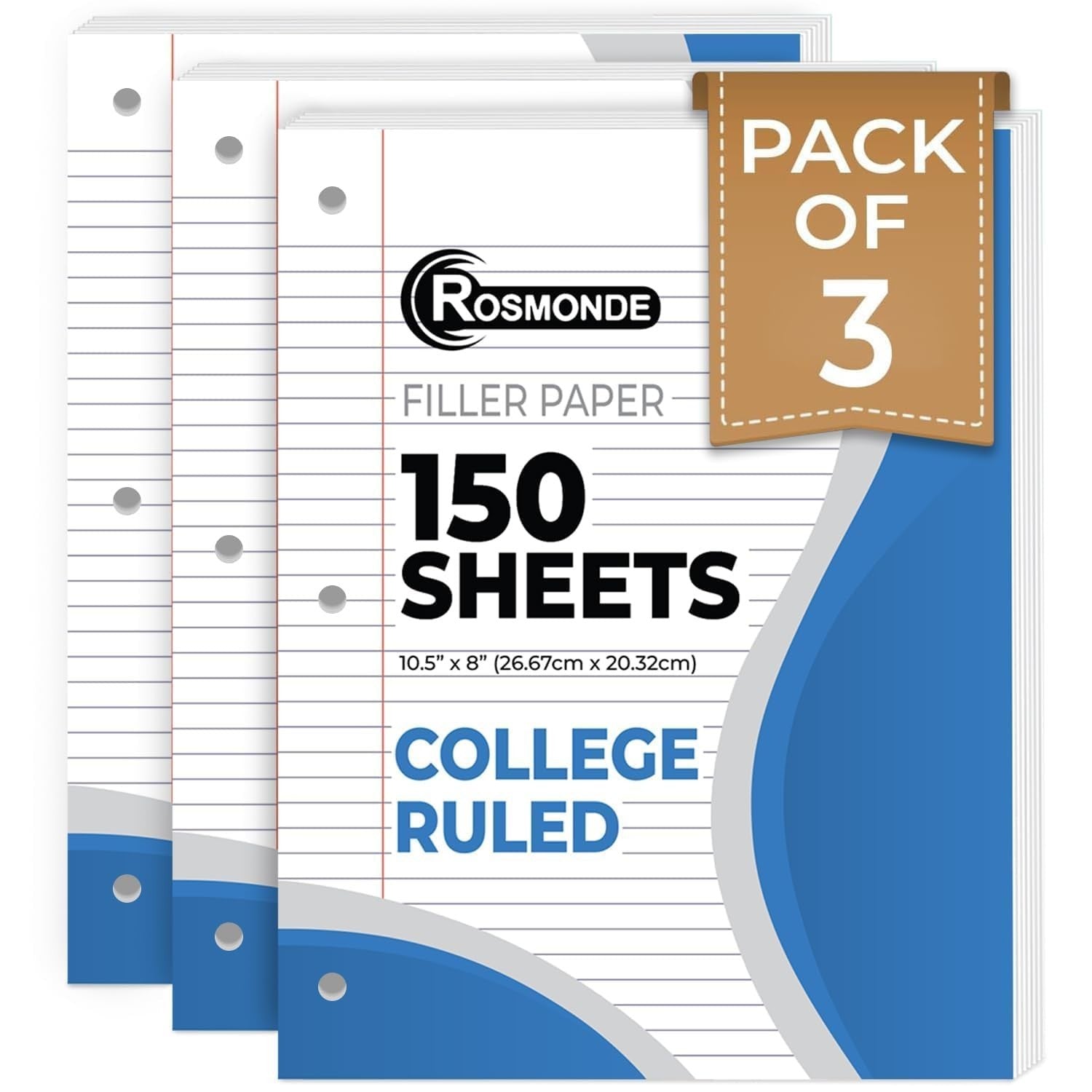 450 Sheets College Ruled Loose Leaf Paper, 3 Pack, 8" x 10.5", 3 Hole Punched Fi1