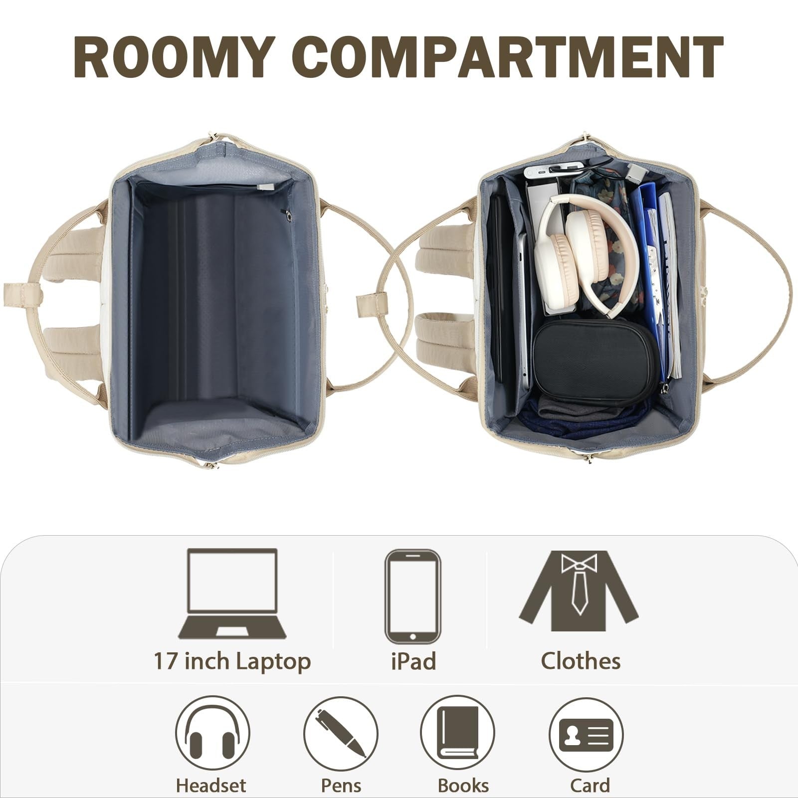 Stylish 17" Water-Repellent Laptop Backpack for College, Travel, Work - Beige/Ka4