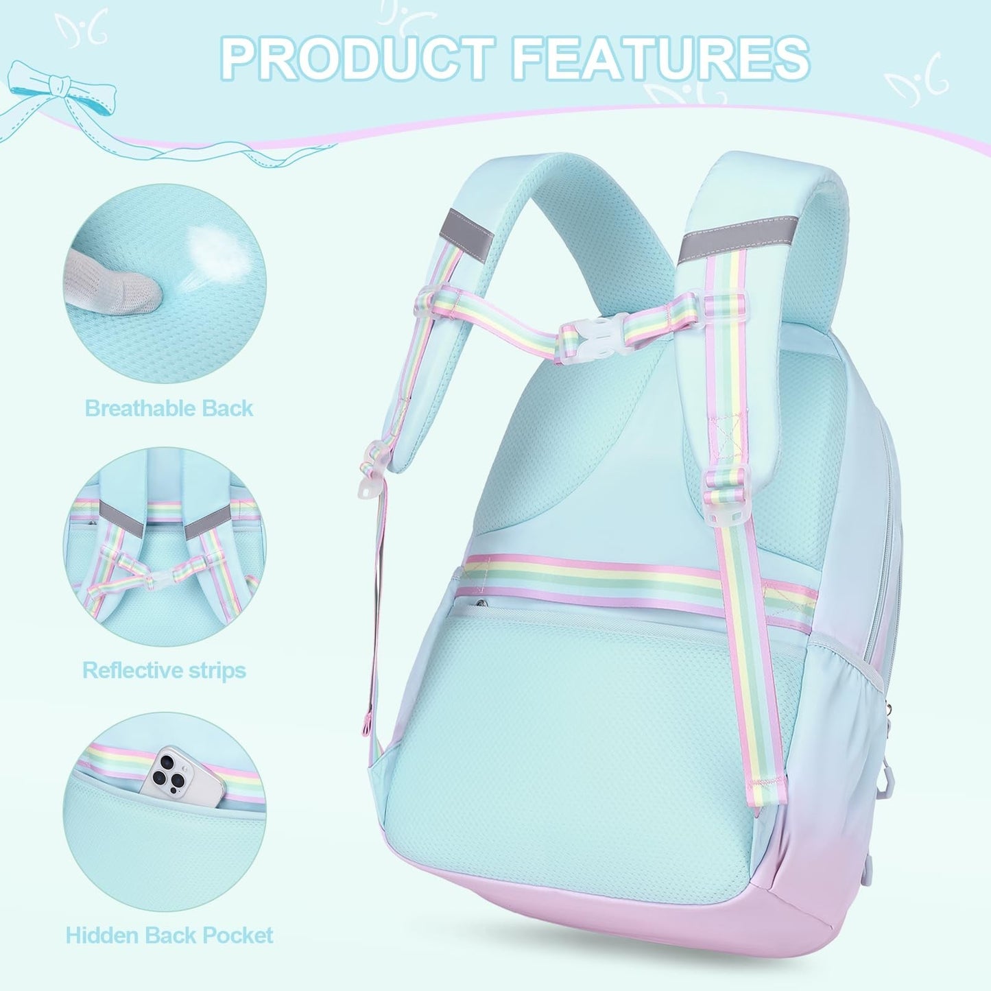 Cute Girls Backpack Set with Lunch Bag & Pencil Case   Stylish School Bag for Ki4