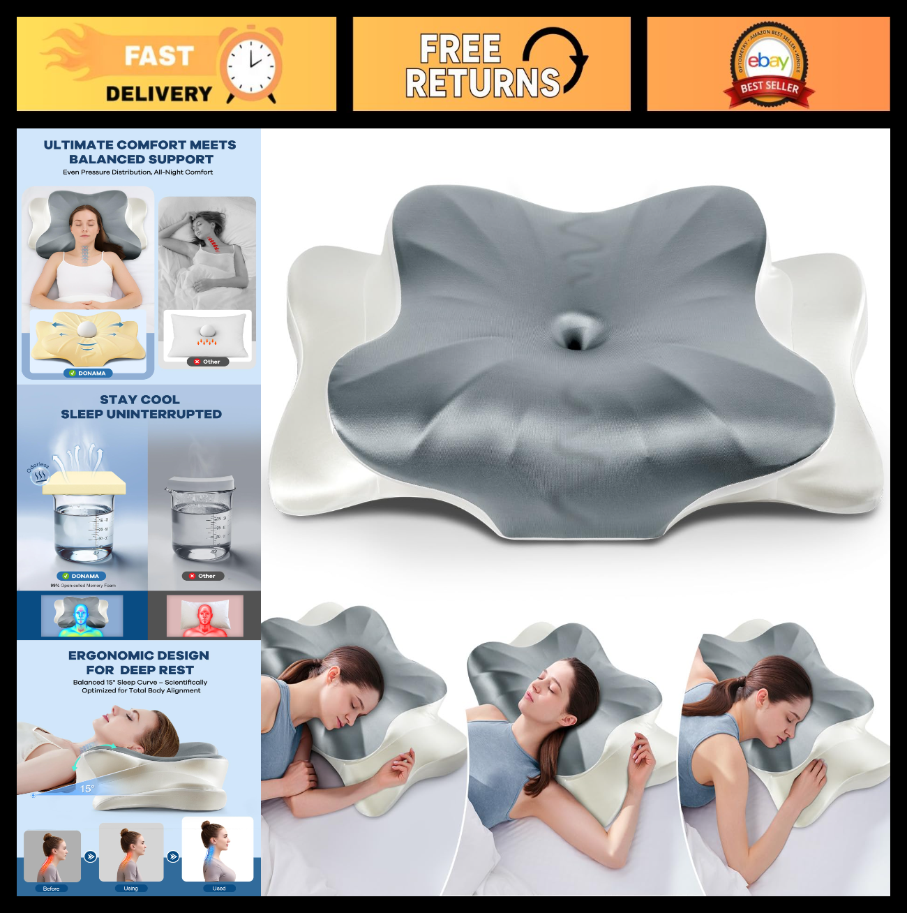Cervical Pillow for Neck & Shoulder Pain Relief   Cooling Contour Memory Foam, D0
