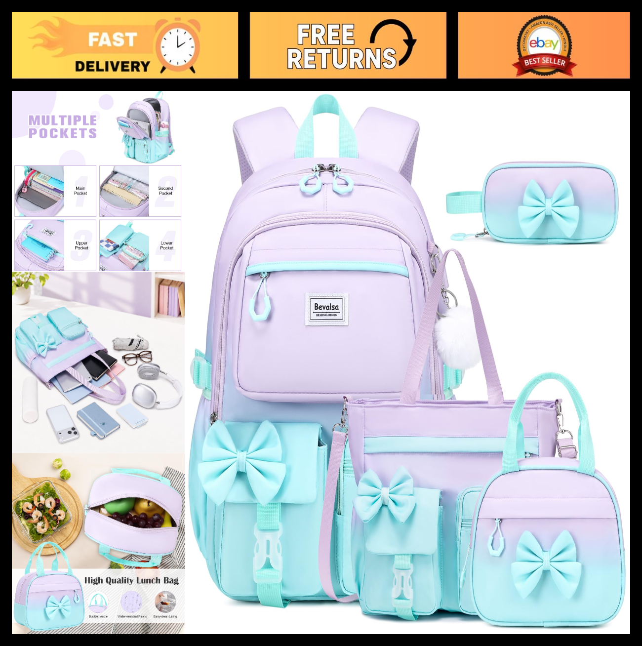 Cute Bow Backpack for Girls   School Bag Set with Lunch Bag & Pen Case0