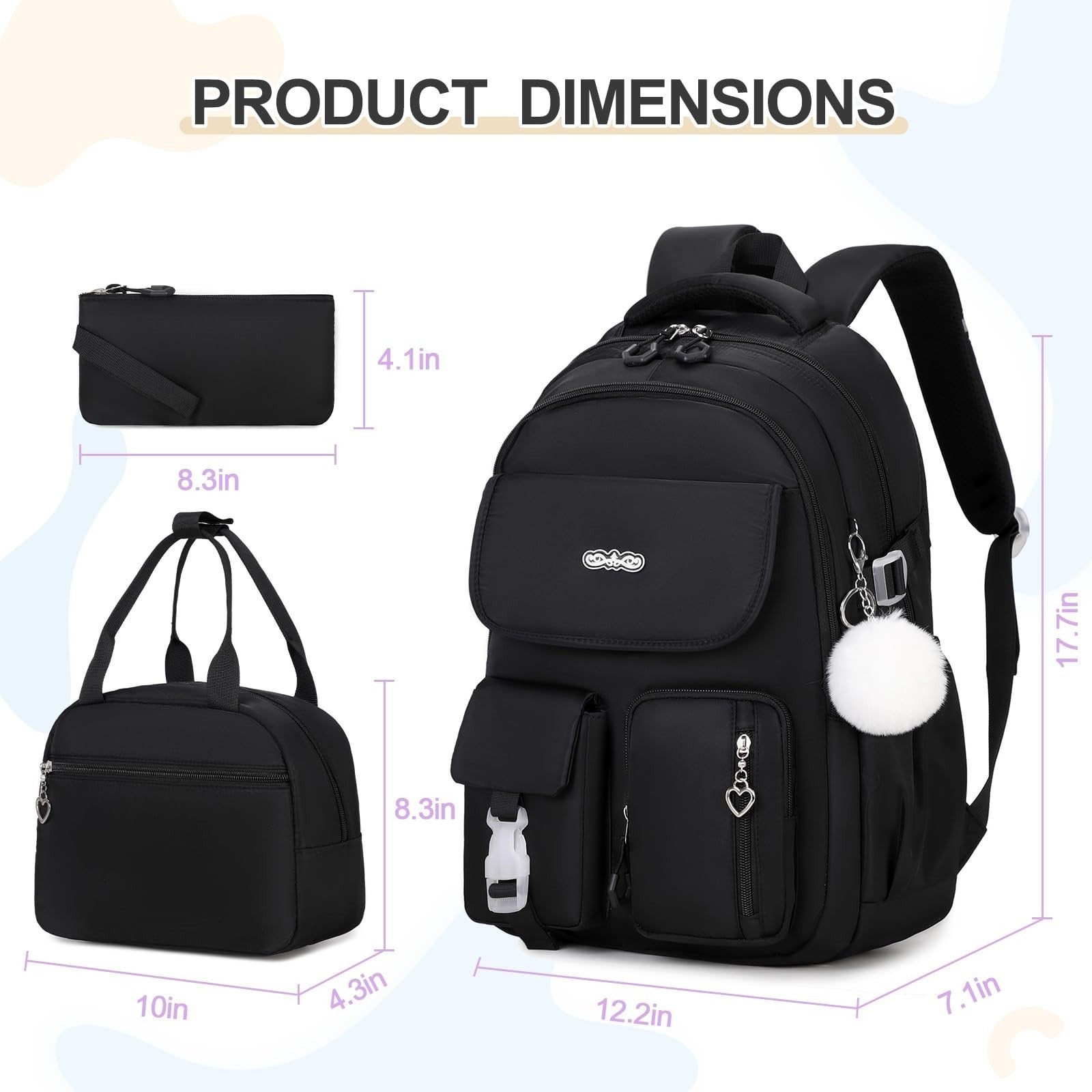 3PCS Girls School Backpack Set with Lunch Box & Pencil Pouch   Stylish & Durable2
