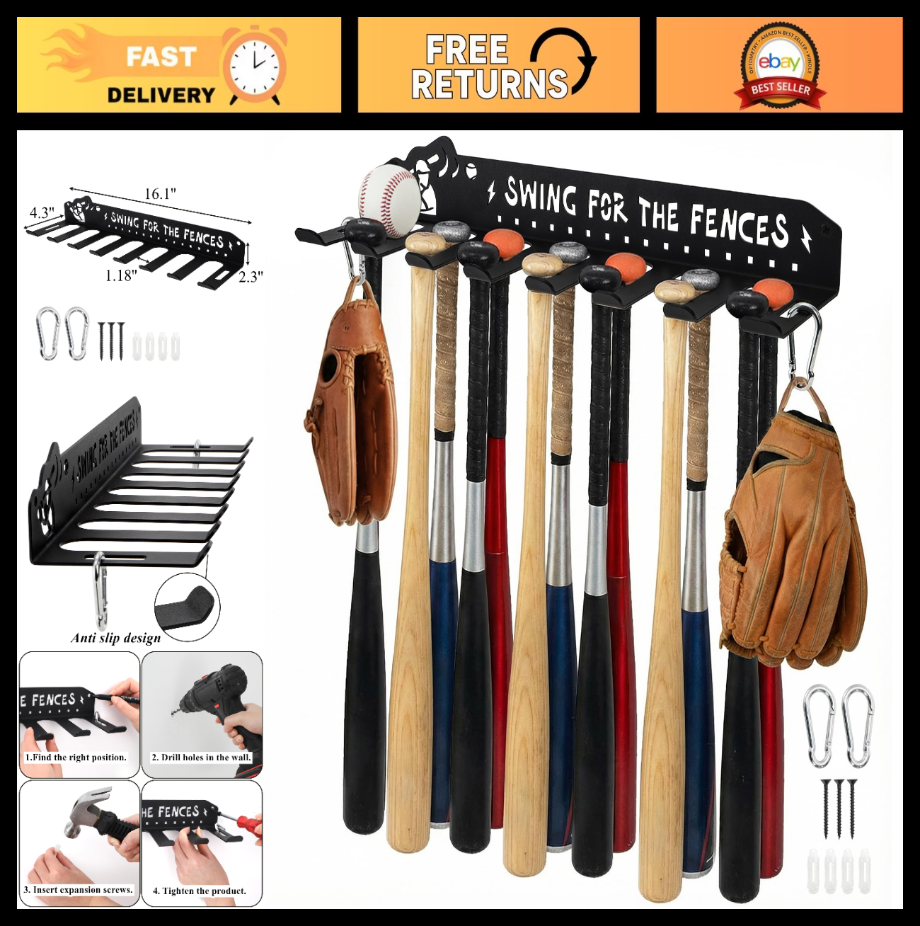 Heavy Duty Baseball Bat Rack Wall Mount   8 Hook Storage Holder for 14 Bats, Met0