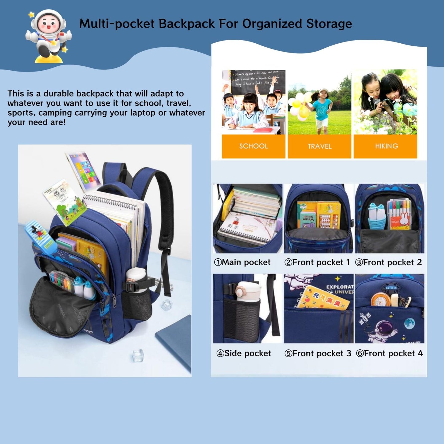 3pcs Boys Lightweight Astronaut Backpack Set with Lunch Box for School, Black3