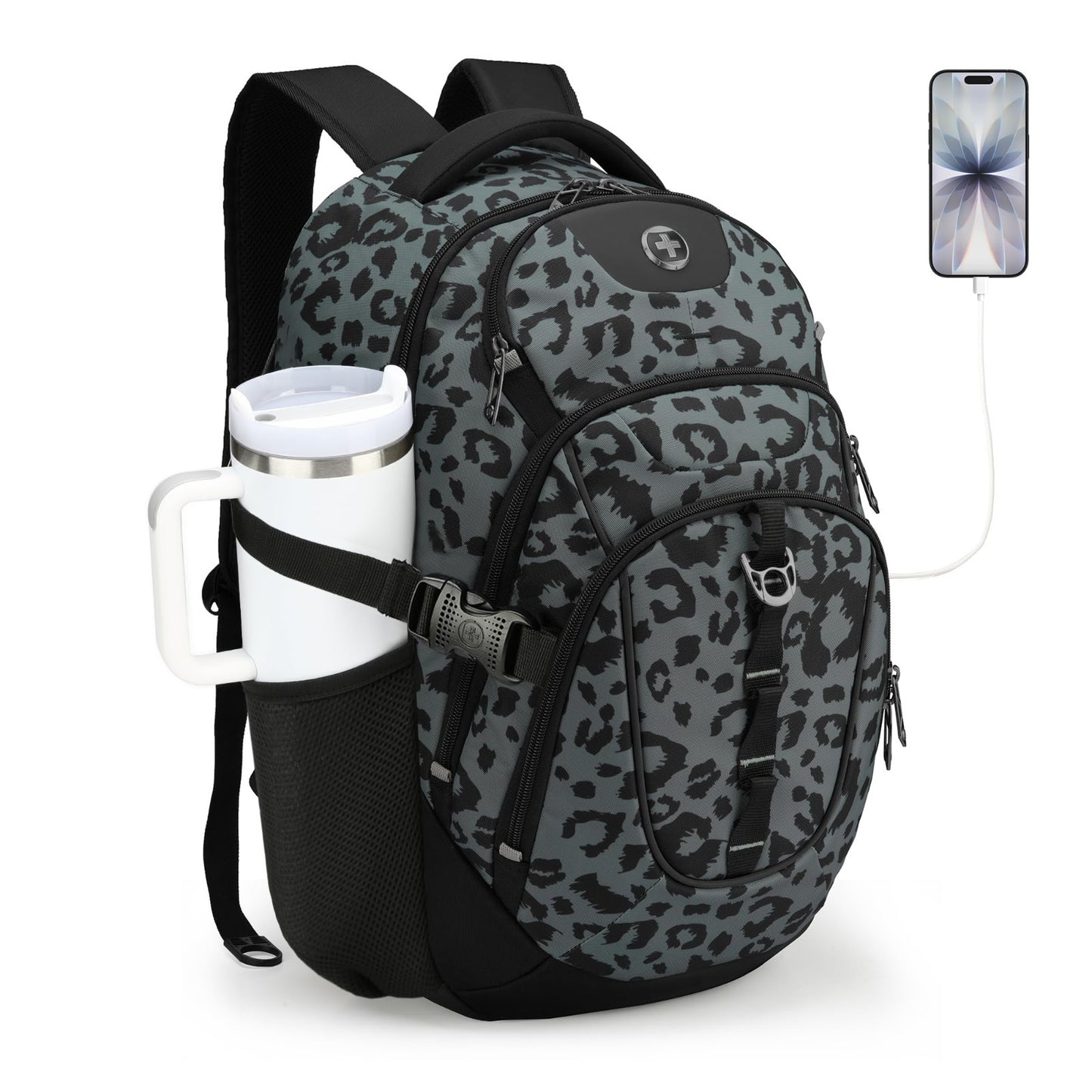 Stylish Gray Leopard Laptop Backpack with USB Charging Port & Water Resistant De1