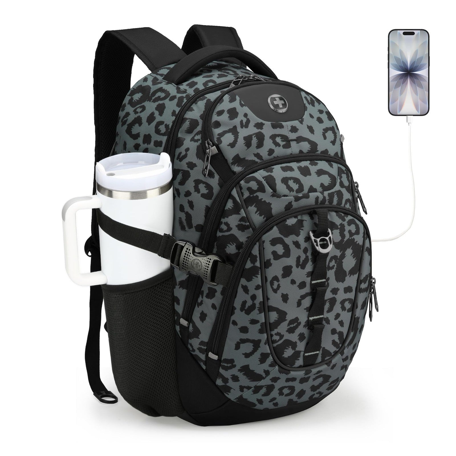 Stylish Gray Leopard Laptop Backpack with USB Charging Port & Water Resistant De1