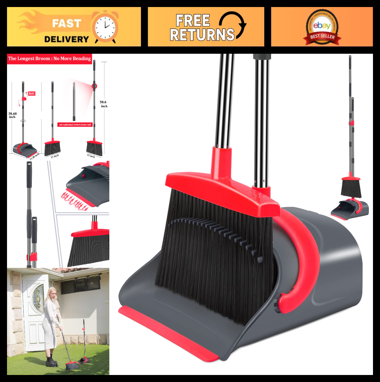 Broom and Dustpan Set with Long Handle, Combo for Home, Kitchen, Office, Lobby -0