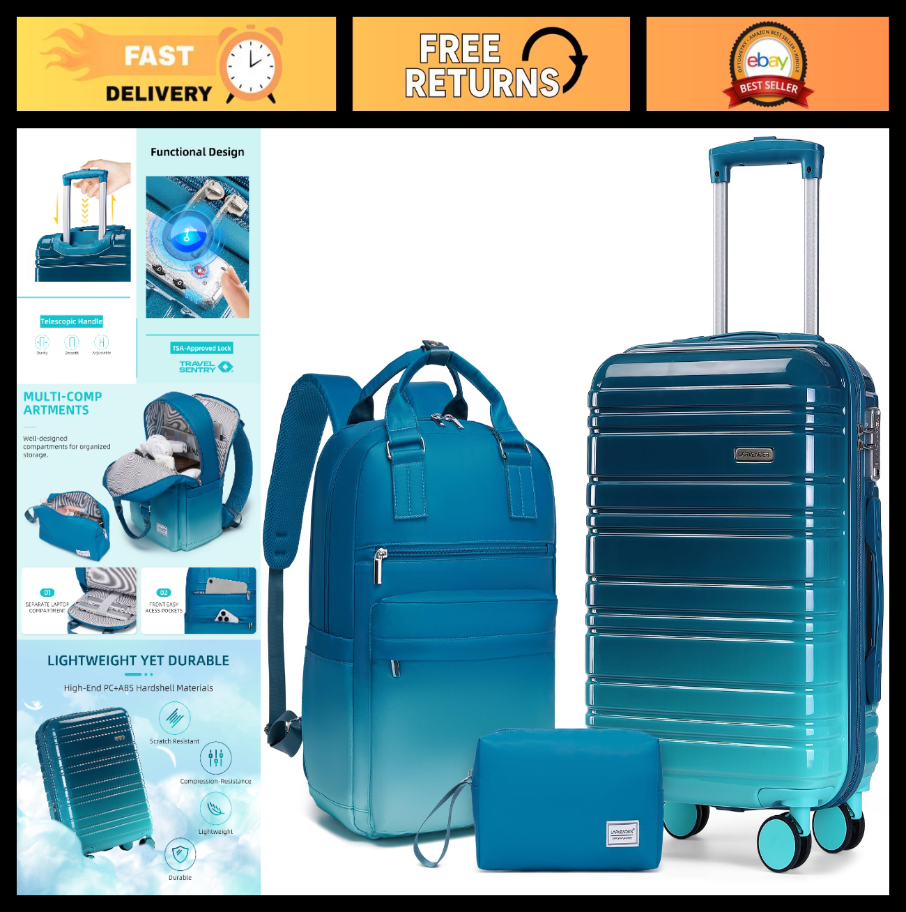 3-Piece Carry-On Luggage Set, 20" Hardshell Suitcases, TSA Lock, 360° Wheels, Ba0