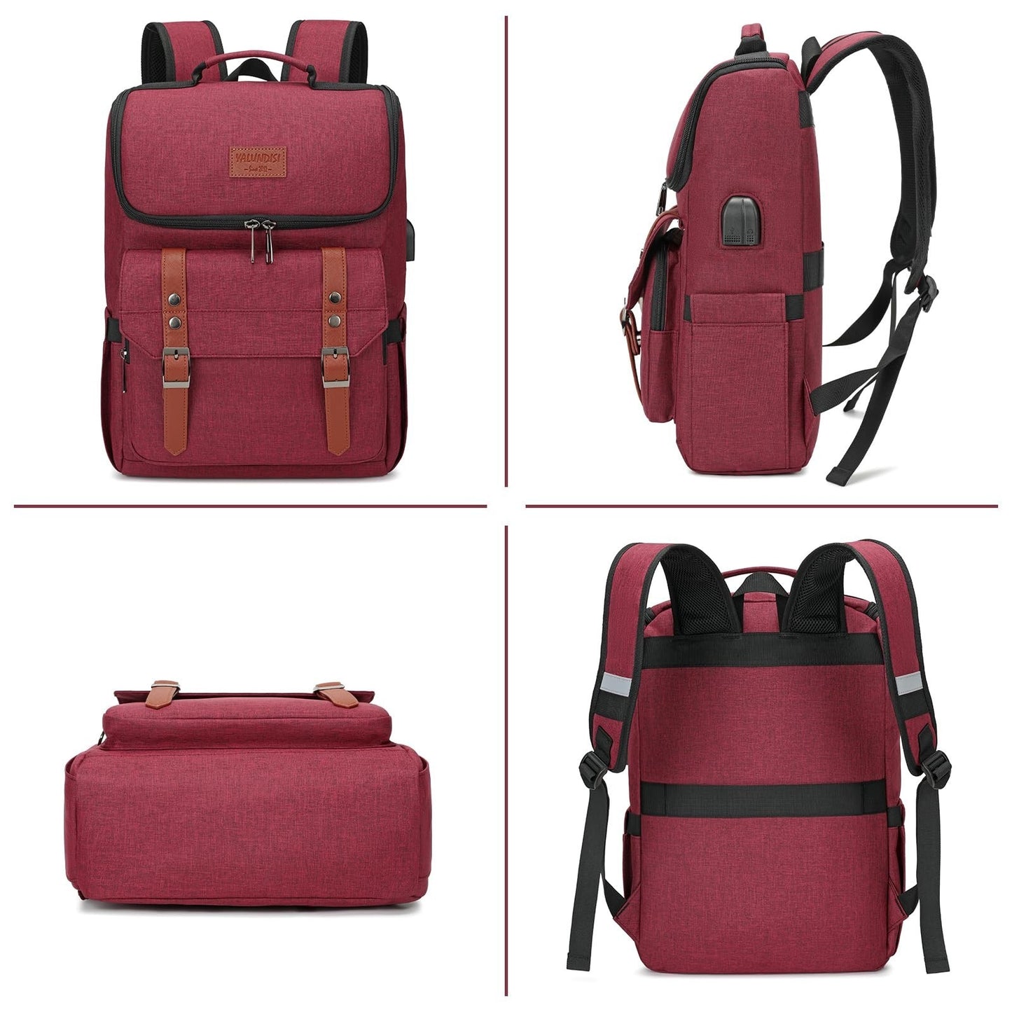 Vintage Travel Laptop Backpack with USB Charging Port for 15.6" Laptops - Red Br5