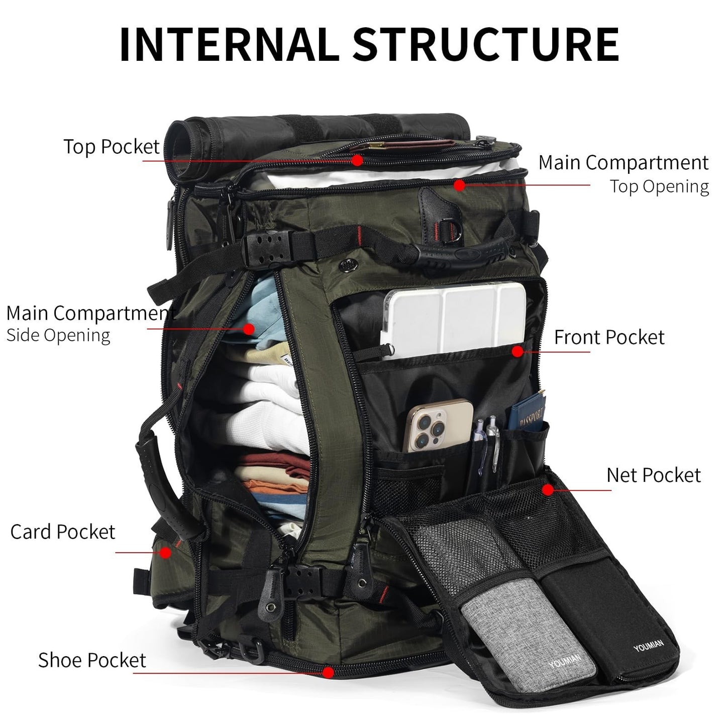 Large Capacity Travel Hiking Sports Backpack Duffle Bag 60L Convertible Olive Gr6