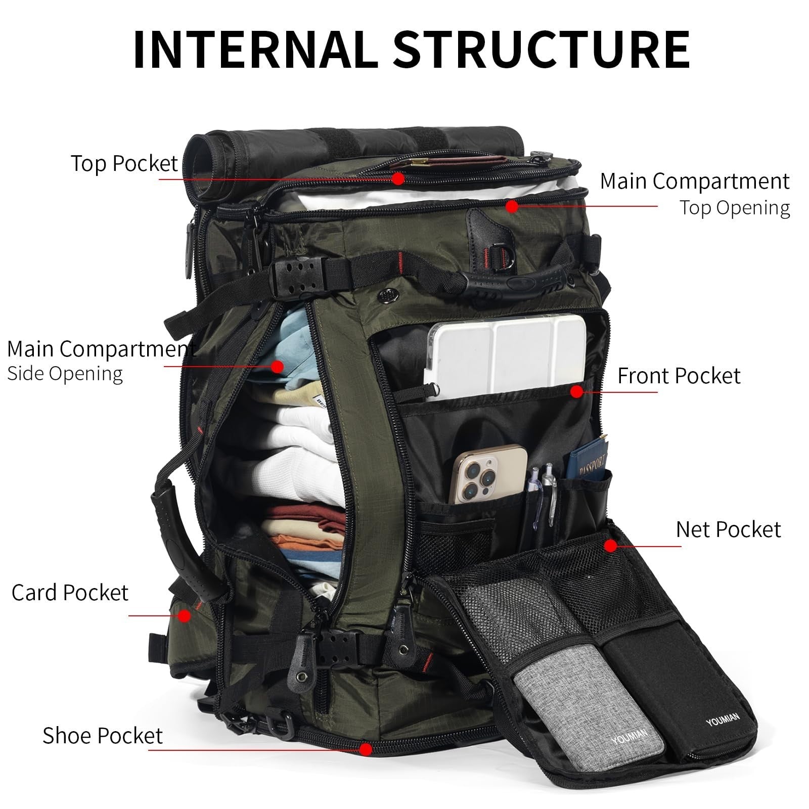 Large Capacity Travel Hiking Sports Backpack Duffle Bag 60L Convertible Olive Gr6