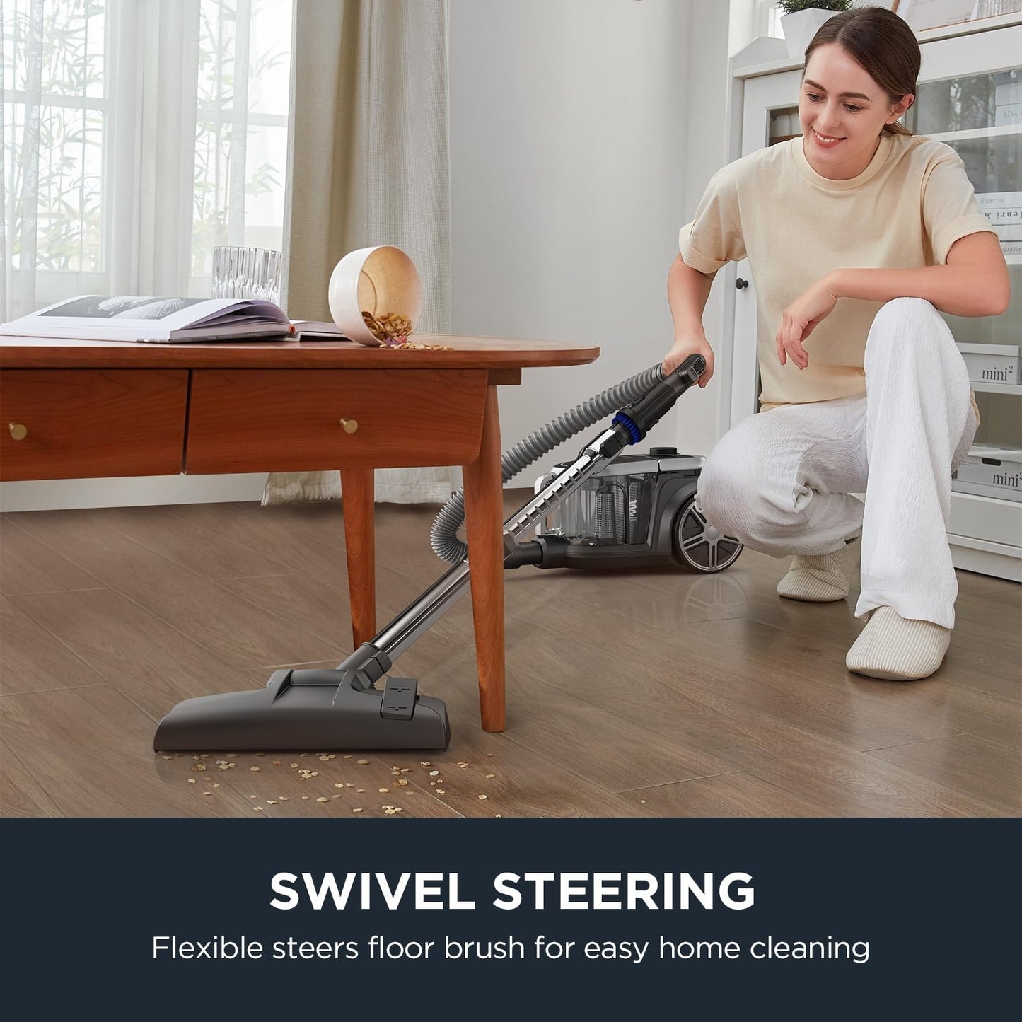 Lightweight Bagless Canister Vacuum Cleaner for Hardwood & Carpet, HEPA, Auto Co6
