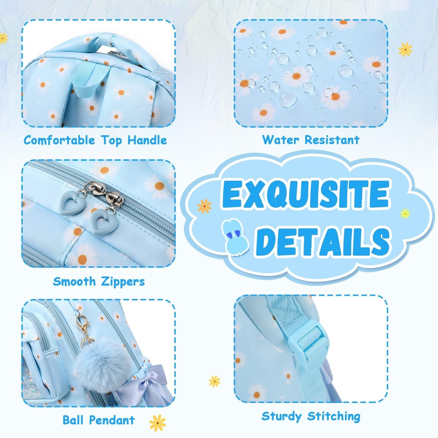 Girls School Backpack - Blue Daisy Book Bag for Elementary & Primary Kids4