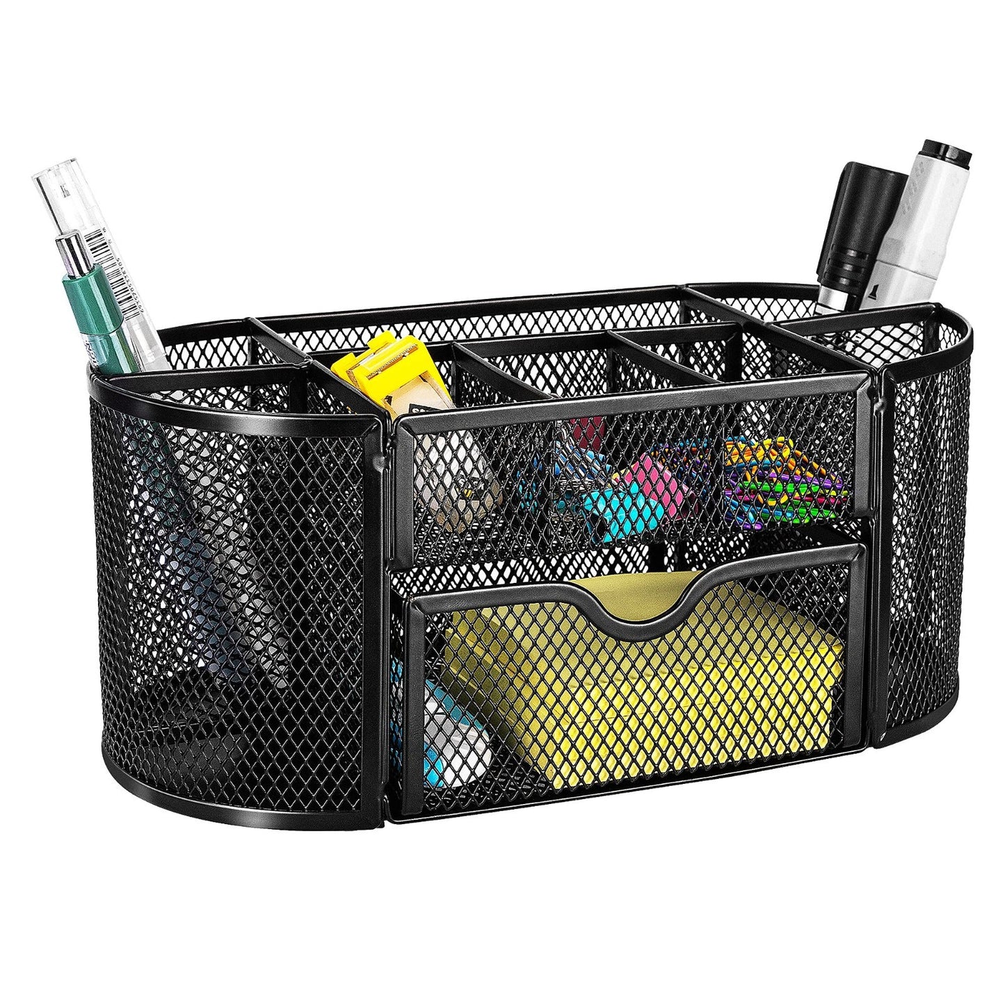 Mesh Desk Organizer with Pen Holder, Pullout Drawer, Office Caddy   Black 9.25"x5