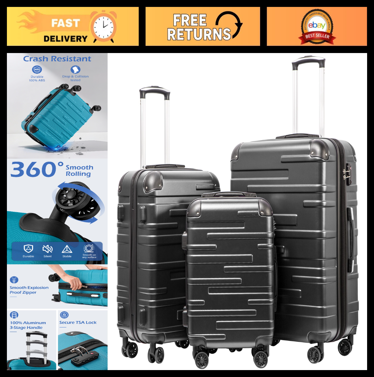 3-Piece Hardside Luggage Set - ABS, Scratch-Resistant, TSA Lock, 360° Spinner Wh0