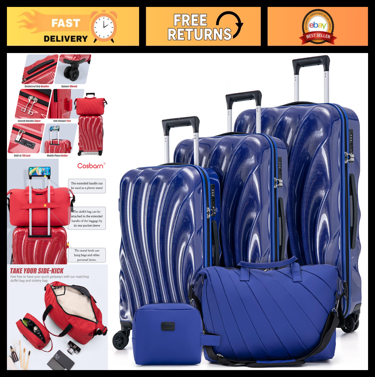 5-Piece Hardshell Luggage Set with Wheels, TSA Lock, Phone Holder, Durable Trave0
