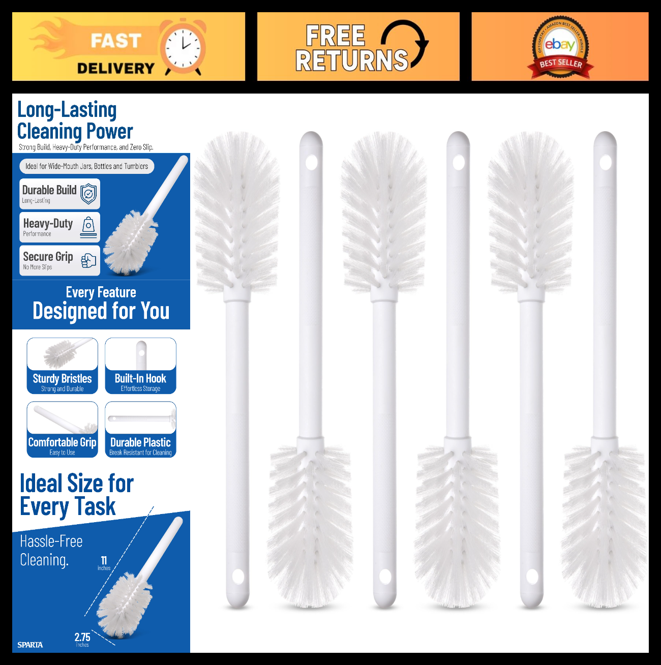 Dish Brush Set 6-Pack - 11" Nylon Head, Soak-Proof Handle, Food Residue Scraper0
