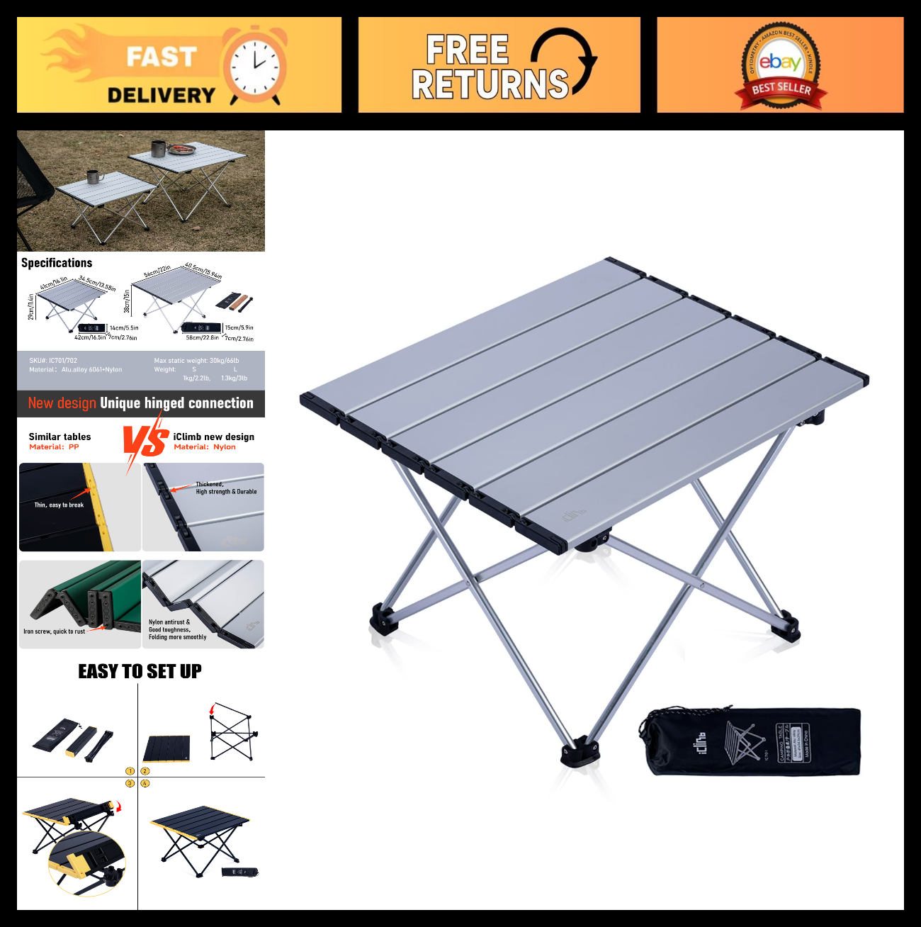 Ultralight Compact Folding Camping Table with Carry Bag - Portable Outdoor Furni0