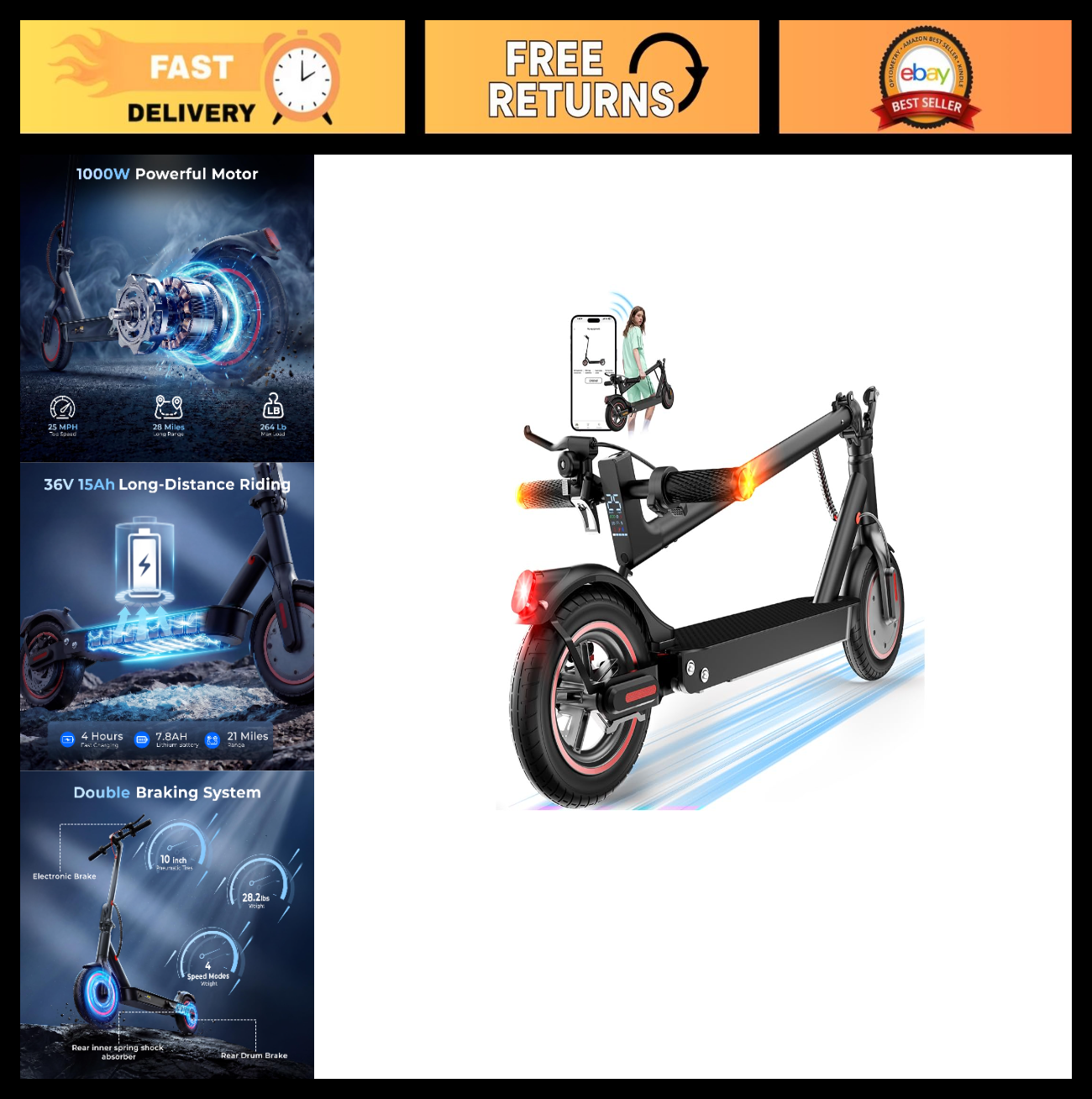 High-Power Electric Scooter for Adults & Teens - 1200W/1000W/500W Motor, 10''/8.0