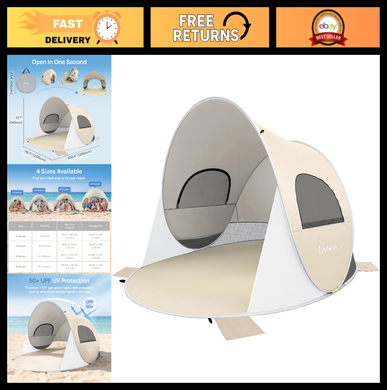 Pop Up Beach Tent Sun Shelter - UPF50+ UV Protection, Instant Setup, Portable Ca0