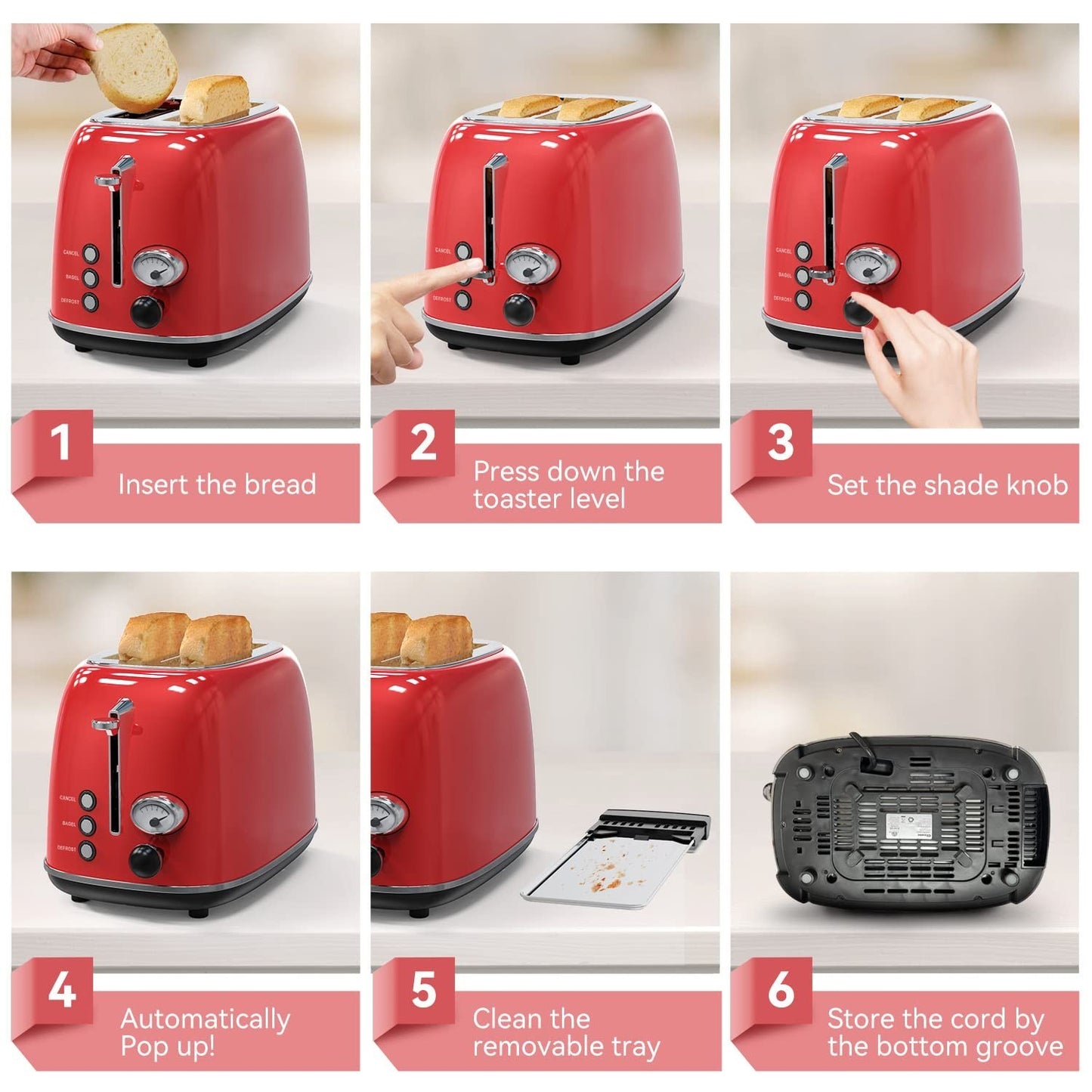 Retro Stainless Steel 2 Slice Toaster, 6 Settings, Extra Wide Slots, Bagel/Defro6