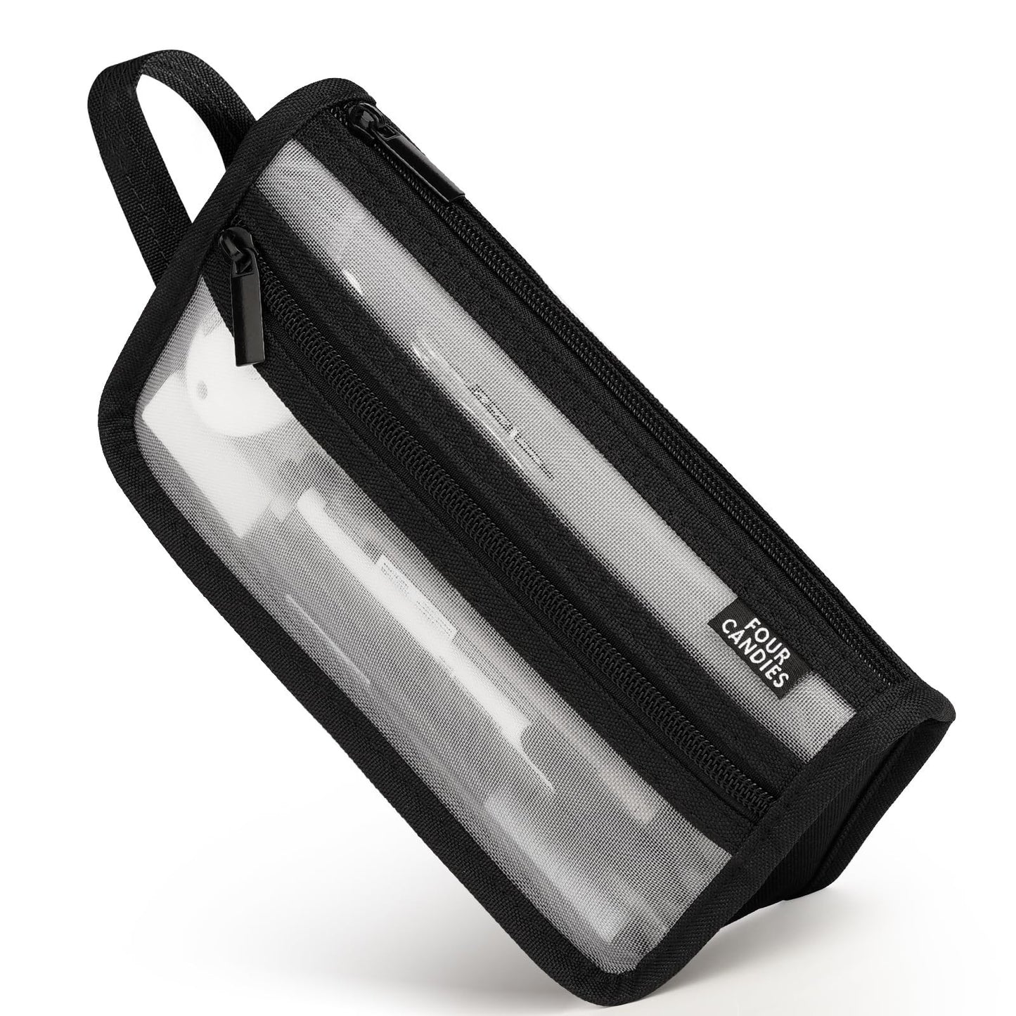 Clear Double Layer Mesh Pencil Case with Handle   Four Candies Grid Design, Blac1